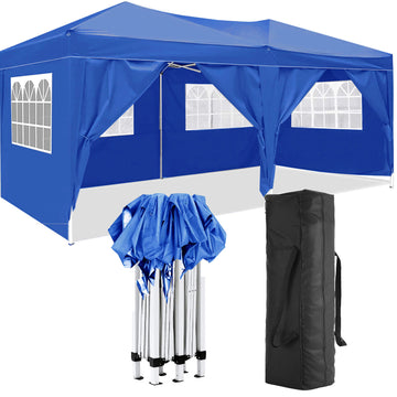 10'X20' Folding Canopy With 6 Removable Sidewalls Outdoor Event Shelter Upf 50 Gazebo Portable Tents For Parties Beach Camping Wedding Ez Pop Up Canopy Blue Metal