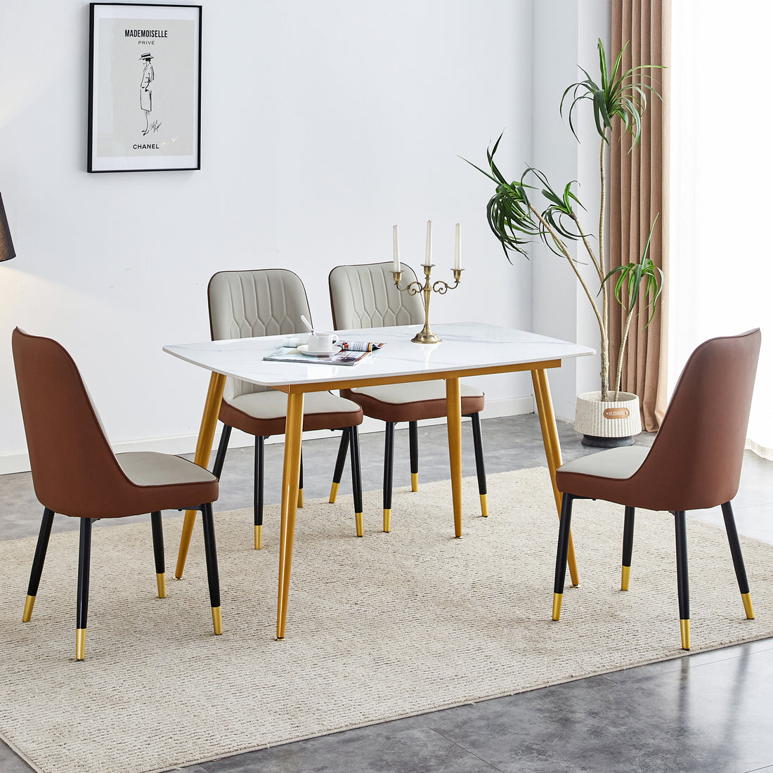 Table And Chair Set.A Morden Table With White Imitation Marble Patterned Stone Burning Tabletop With Golden Metal Legs.Paried With 4 Chairs With Pu Leather Backrest And Black Metal Legs. Grey Brown,White Gold Seats 4 Metal,Sintered Stone