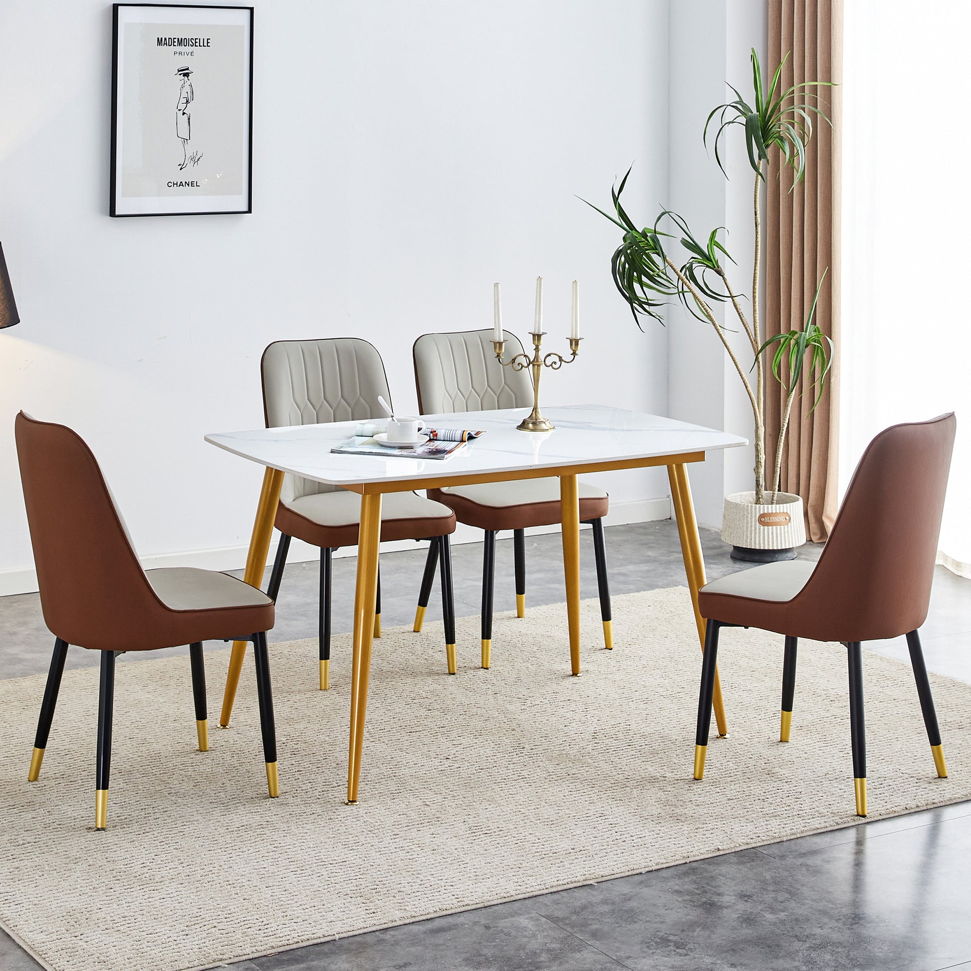 Table And Chair Set.A Morden Table With White Imitation Marble Patterned Stone Burning Tabletop With Golden Metal Legs.Paried With 4 Chairs With Pu Leather Backrest And Black Metal Legs. Grey Brown,White Gold Seats 4 Metal,Sintered Stone