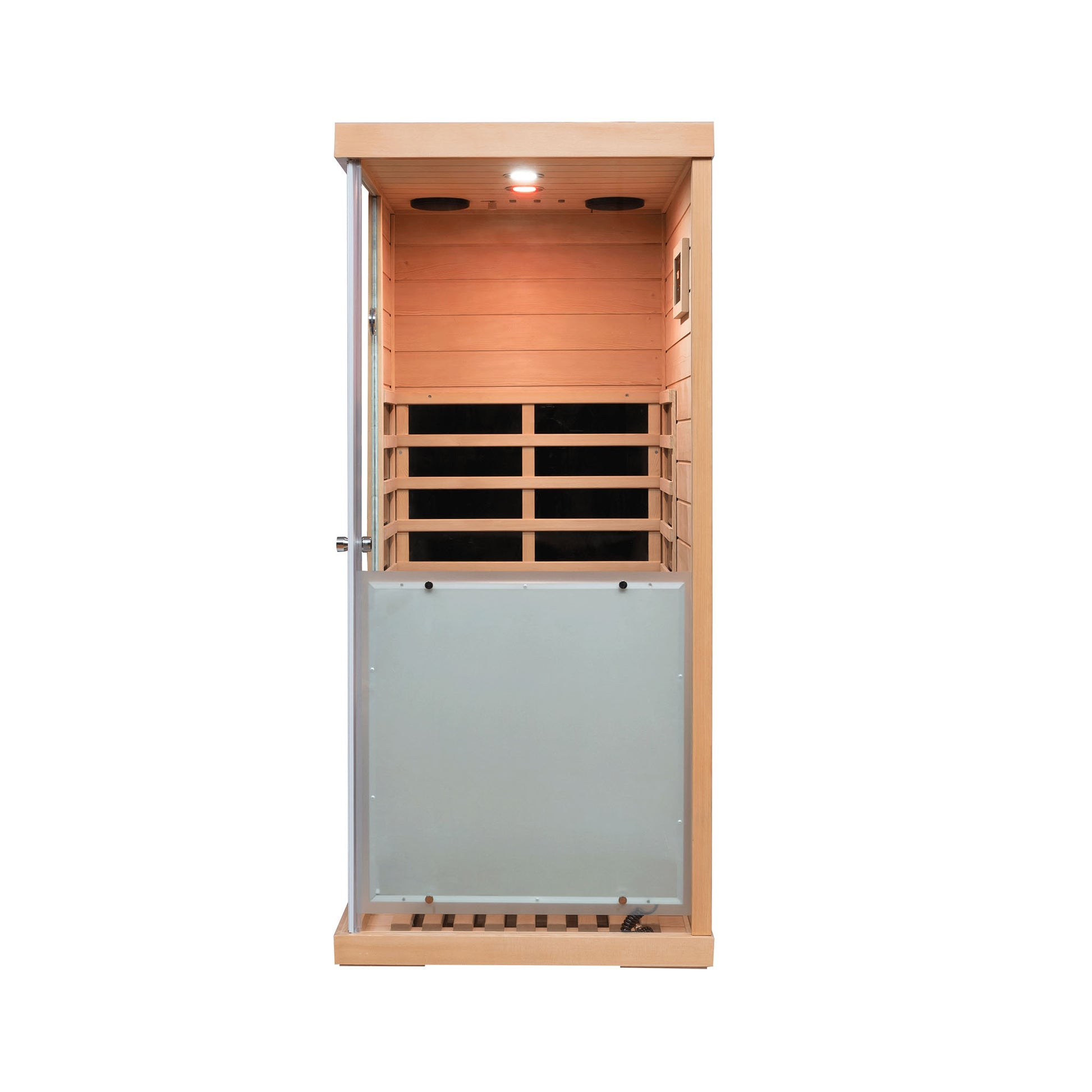 Large Glass Mini Hemlock Sauna With Right Door Opening Natural Wood Metal & Wood