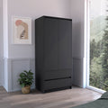 Armoire, Wardrobe Closet With Two Drawers, Hanging Rod, Black Black Solid Wood Mdf Engineered Wood