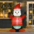 Homcom 6Ft Christmas Inflatables Outdoor Decorations Penguin Wearing Christmas Sweater, Blow Up Yard Christmas Decor With Led Lights Display Red Polyester