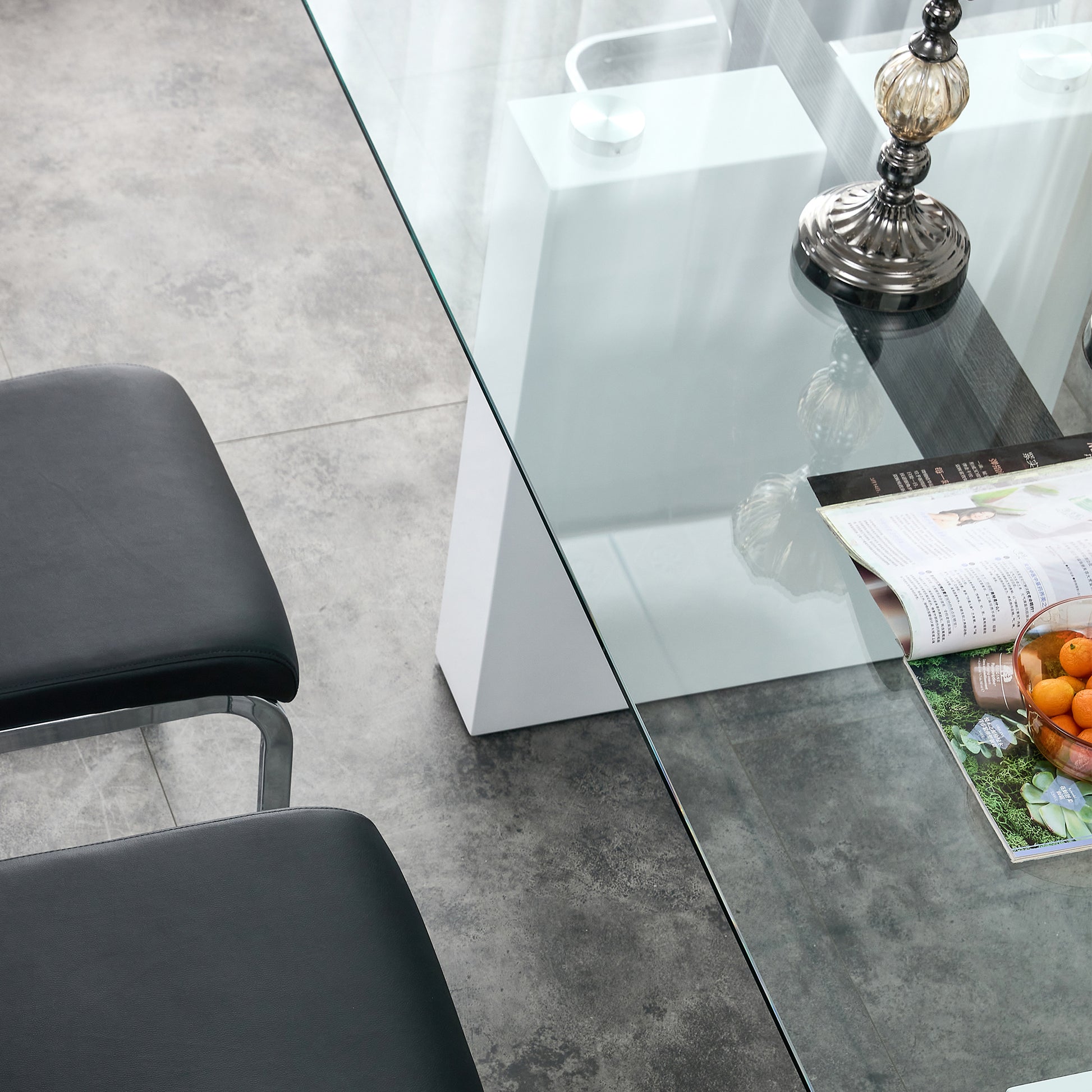 Glass Dining Table Large Modern Minimalist Rectangular For 6 8 With 0.4" Tempered Glass Tabletop And White Mdf Trapezoid Bracket,For Kitchen Dining Living Meeting Room Banquet Hall F 1550 Transparent Mdf Glass