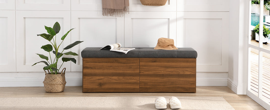 49" Shoe Storage Bench Entryway Shoe Cabinet Storage Ottoman With Padded Seat Cushion And Double Doors For Entryway, Hallway And Bedroom, Dark Grey Cushioned Dark Gray Linen Or Linen Blend Solid