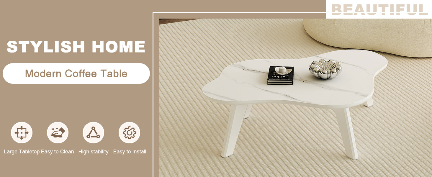 Modern Minimalist White Imitation Marble Tabletop Coffee Table. Solid Wood Spray Painted Desk Legs, Cloud Shape To Give You A Experience, Computer Desk. Suitable For Dining And Living Rooms. White Mdf