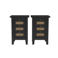 Wooden Nightstands Set Of 2 With Rattan Woven Surfaces And Three Drawers, Exquisite Elegance With Natural Storage Solutions For Bedroom, Black Black Particle Board