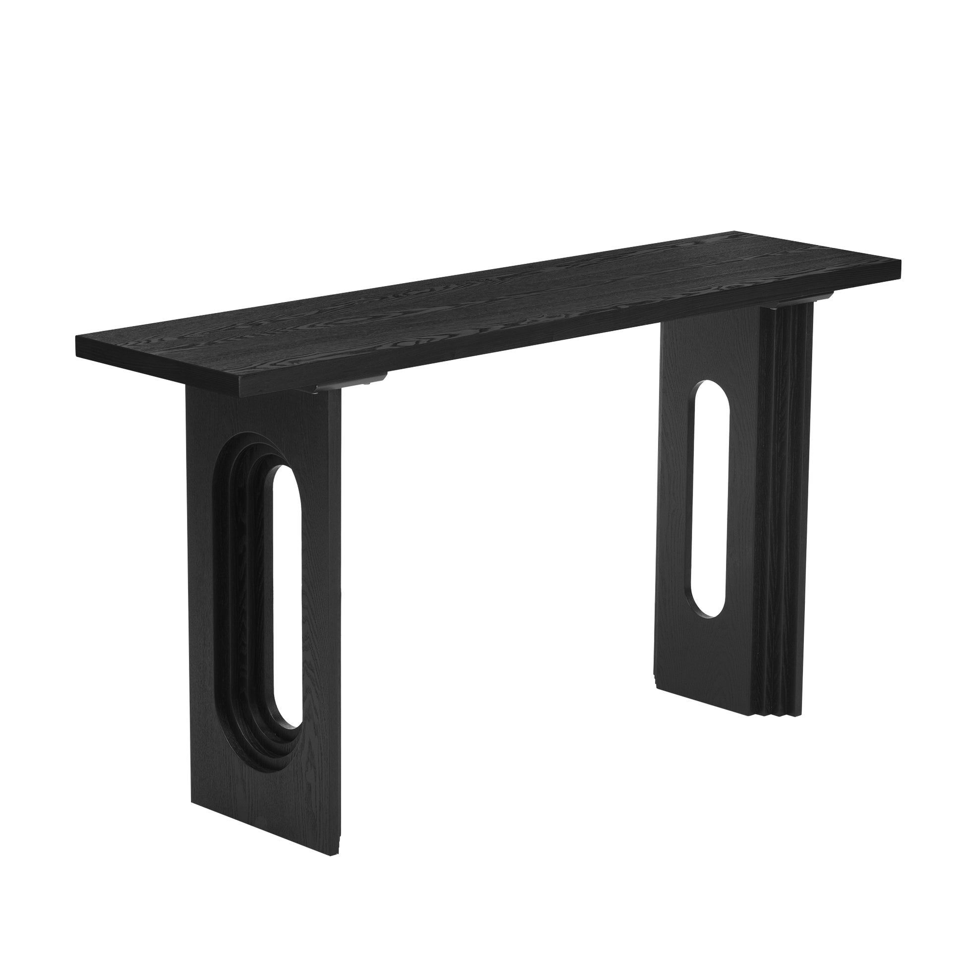 Uniquely Designed Console Table Made Of Fraxinus Mandschuric Solid Wood Veneer,With Distinctive Round Hollow Legs, Suitable For Foyer, Living Room, Or Hallway. Black Mdf