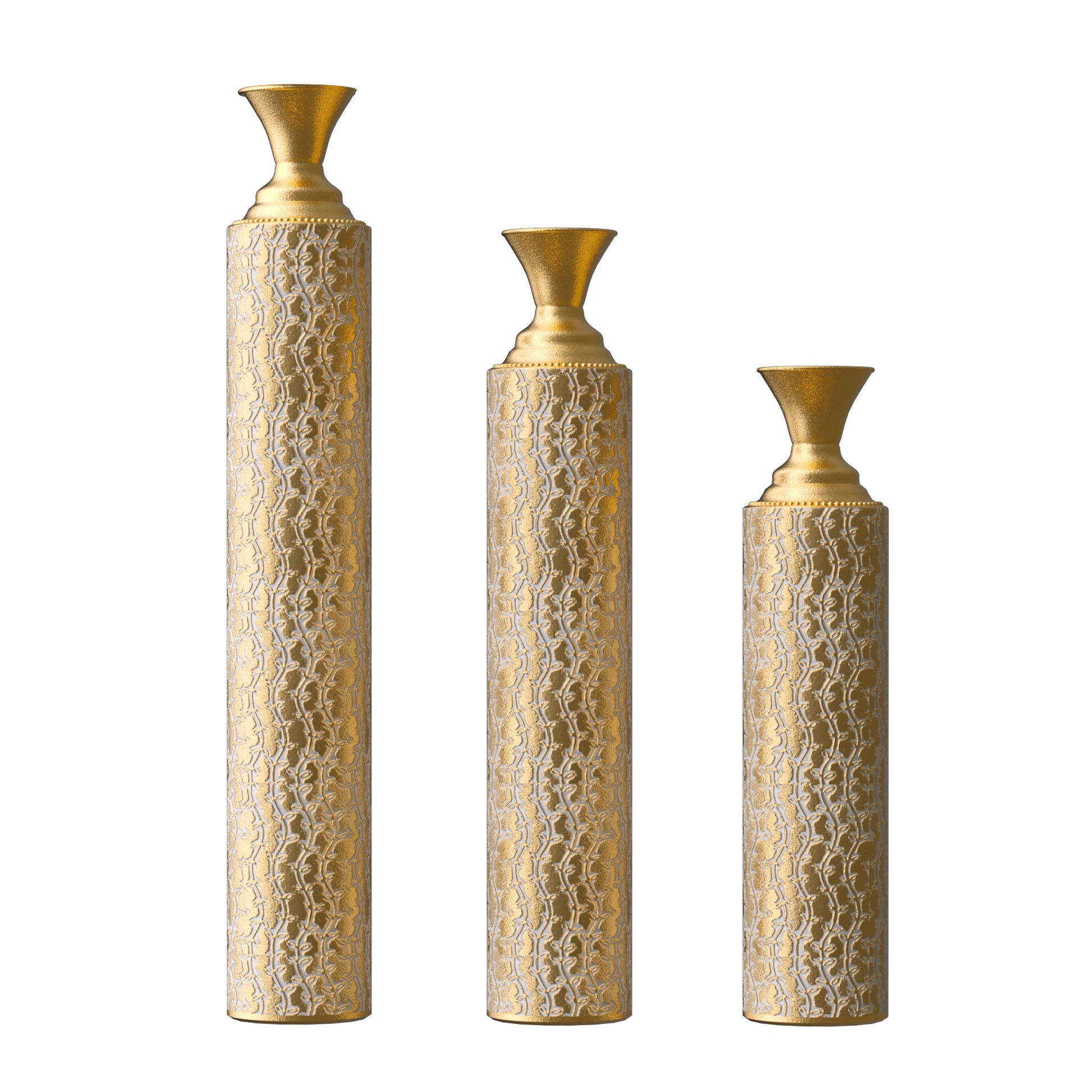 Metal Decorative Vases High Distress Metal Center Vases With Growing Vine Patterns, Set Of 3 Vases For Home Decoration 34 ", 29 ", 25 "H, Gold Antique Gold American Design,American Traditional,Antique,Art Deco Metal