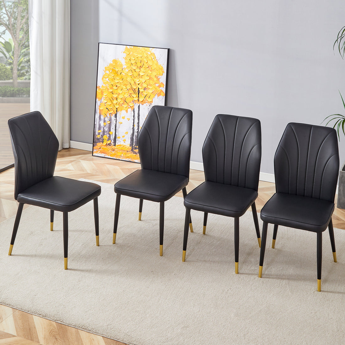 4 Modern Dining Chairs With Stylish Pu Patterned Backrest And Black Metal Legs For A Comfortable Home Experience In The Kitchen, Bedroom And Office. Black Pu