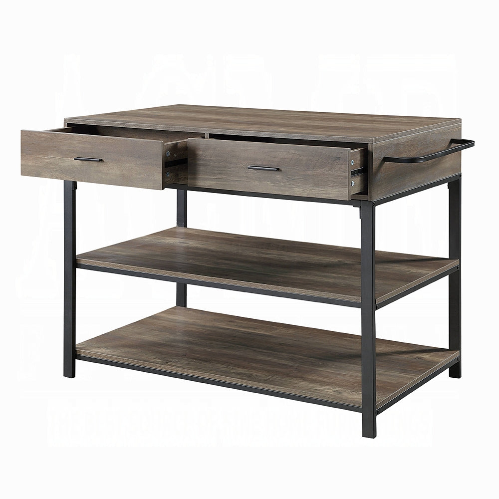 Rustic Oak And Black 2 Drawer Kitchen Island With Shelf Rustic Dining Room Rectangular Stationary Kitchen Islands Wood Metal Medium 40 55In