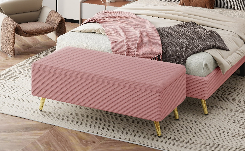 Modern Corduroy Upholstered Ottoman With Metal Legs, Storage Bench For Bedroom,Living Room,Pink Pink Polyester Solid Wood Mdf