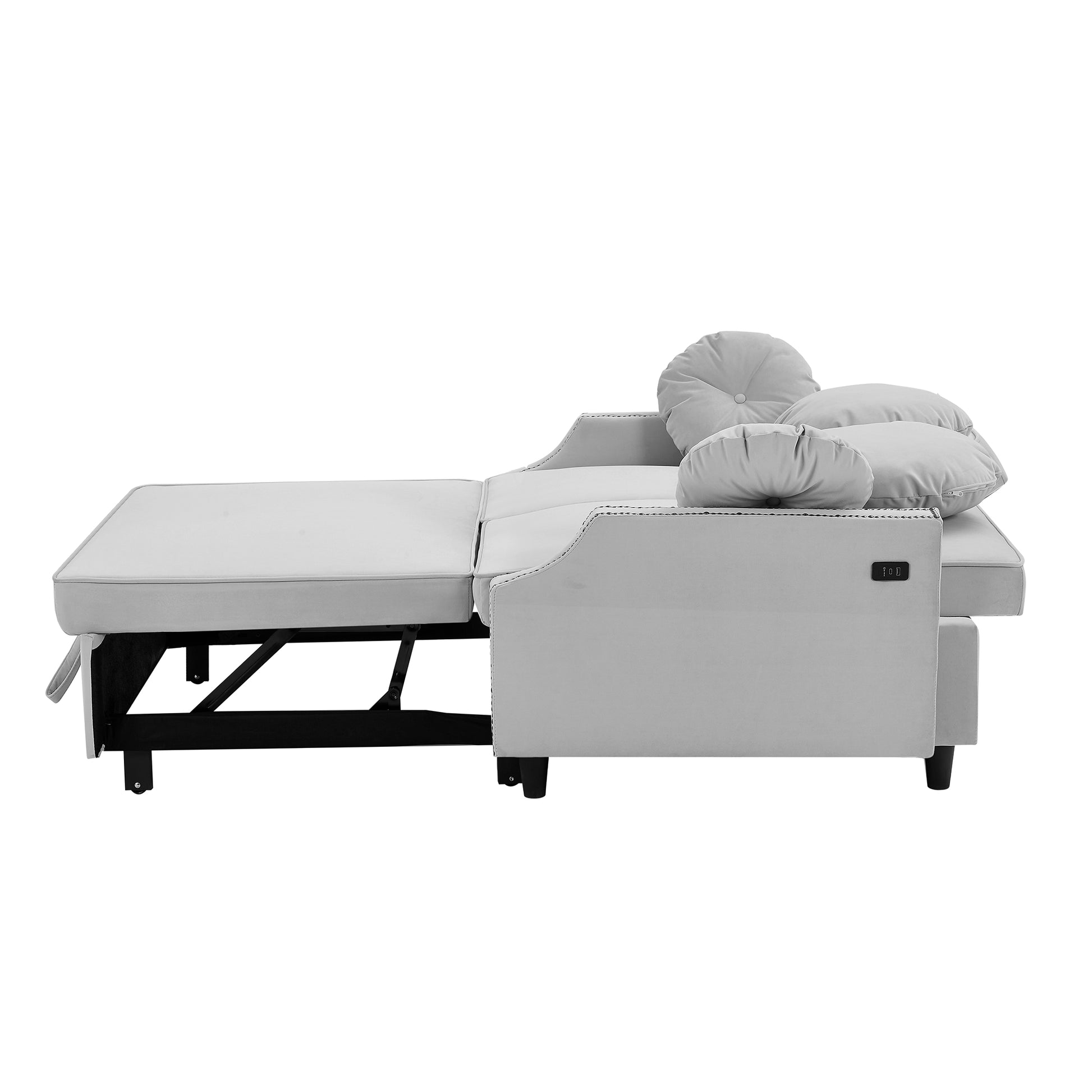 54.7" Multiple Adjustable Positions Sofa Bed Stylish Sofa Bed With A Button Tufted Backrest, Two Usb Ports And Four Floral Lumbar Pillows For Living Room, Bedroom,Or Small Space, Light Grey Light Grey Foam Polyester 2 Seat