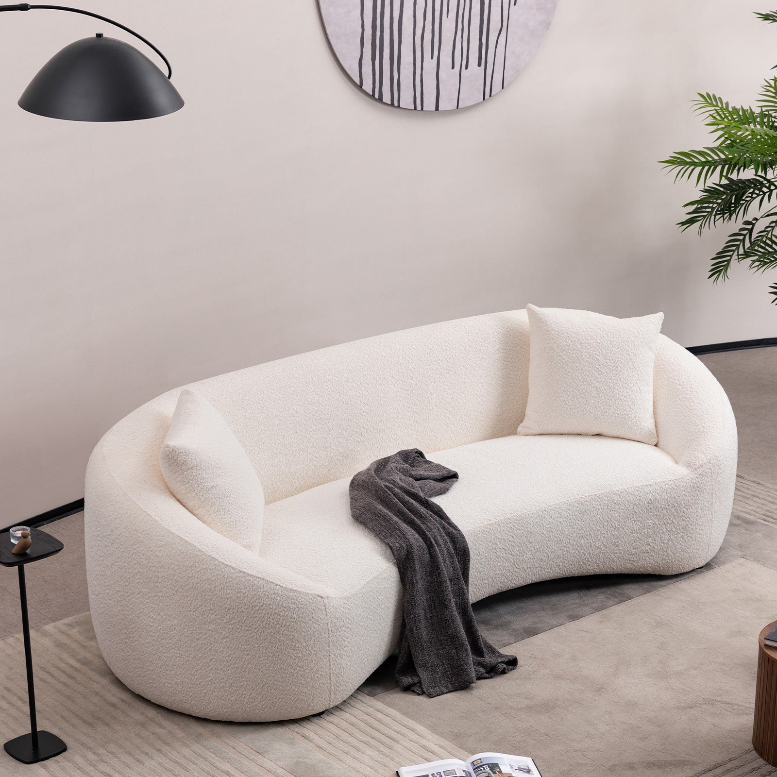 93.31" Minimalist Curved Sofa, 3 Seater, White Boucle Fleece Upholstered Sofa, Tight Curved Back Cloud Couch For Living Room Apartment Office, White White Wood Primary Living Space Medium Soft Tight