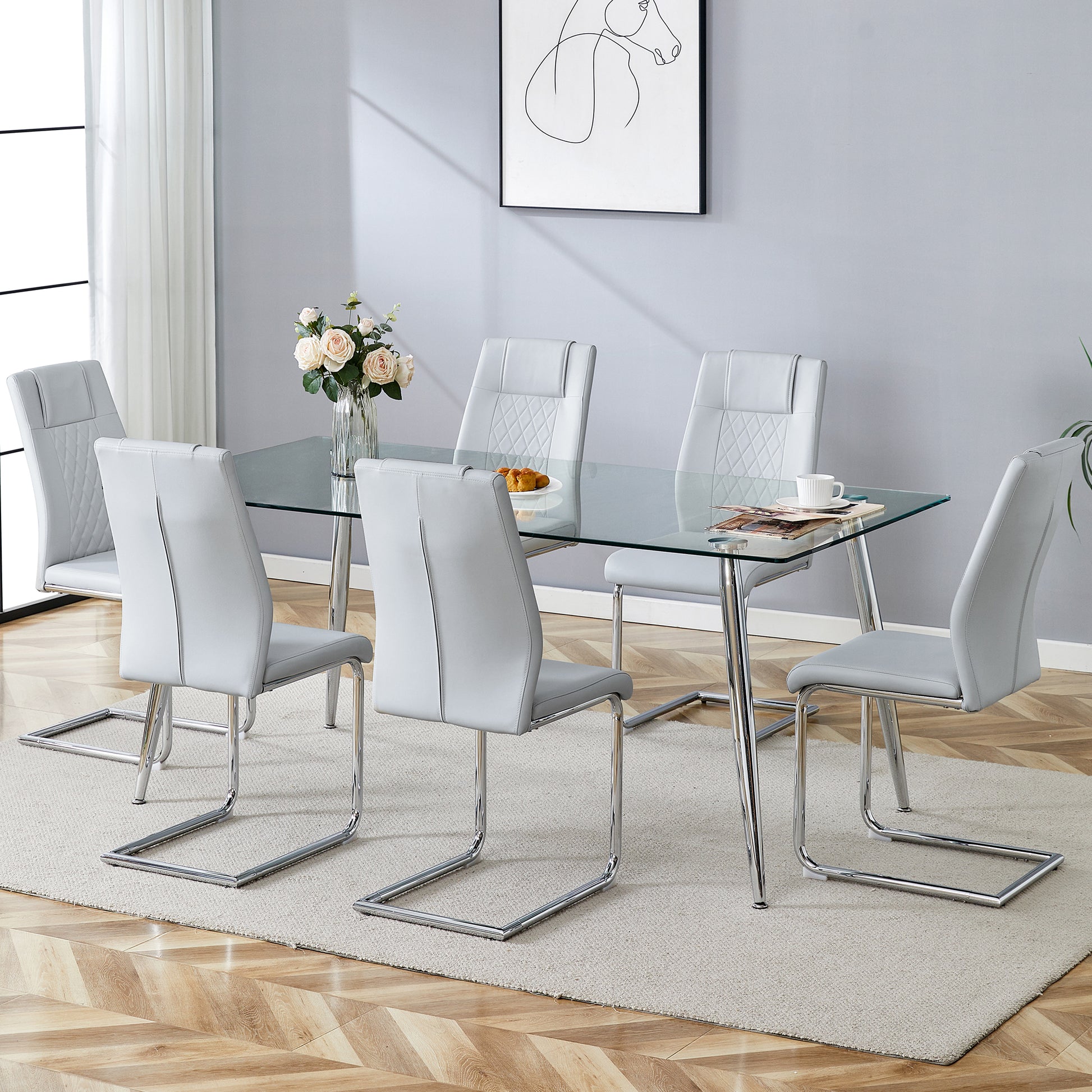 Table And Chair Set.Modern Rectangular Glass Dining Table With A Tempered Glass Tabletop And Silver Metal Legs, Paired With Multiple Chairs Designed With Pu Cushions And Silver Metal Legs. Gray Silver Seats 6 Tempered Glass