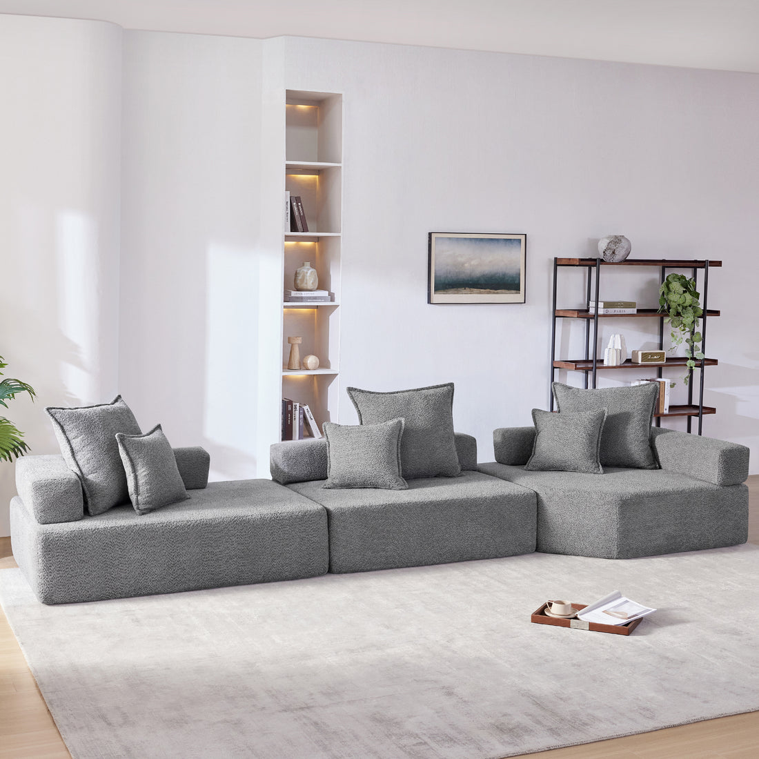 Oversized Modular Sectional Sofa,Luxury Boucle Floor Couch Set,Convertible Sleeper Couch,Spacious Foam Filled Sofa Bed For Living Room,3 Pc Free Combination,2 Colors Gray Boucle 5 Seat