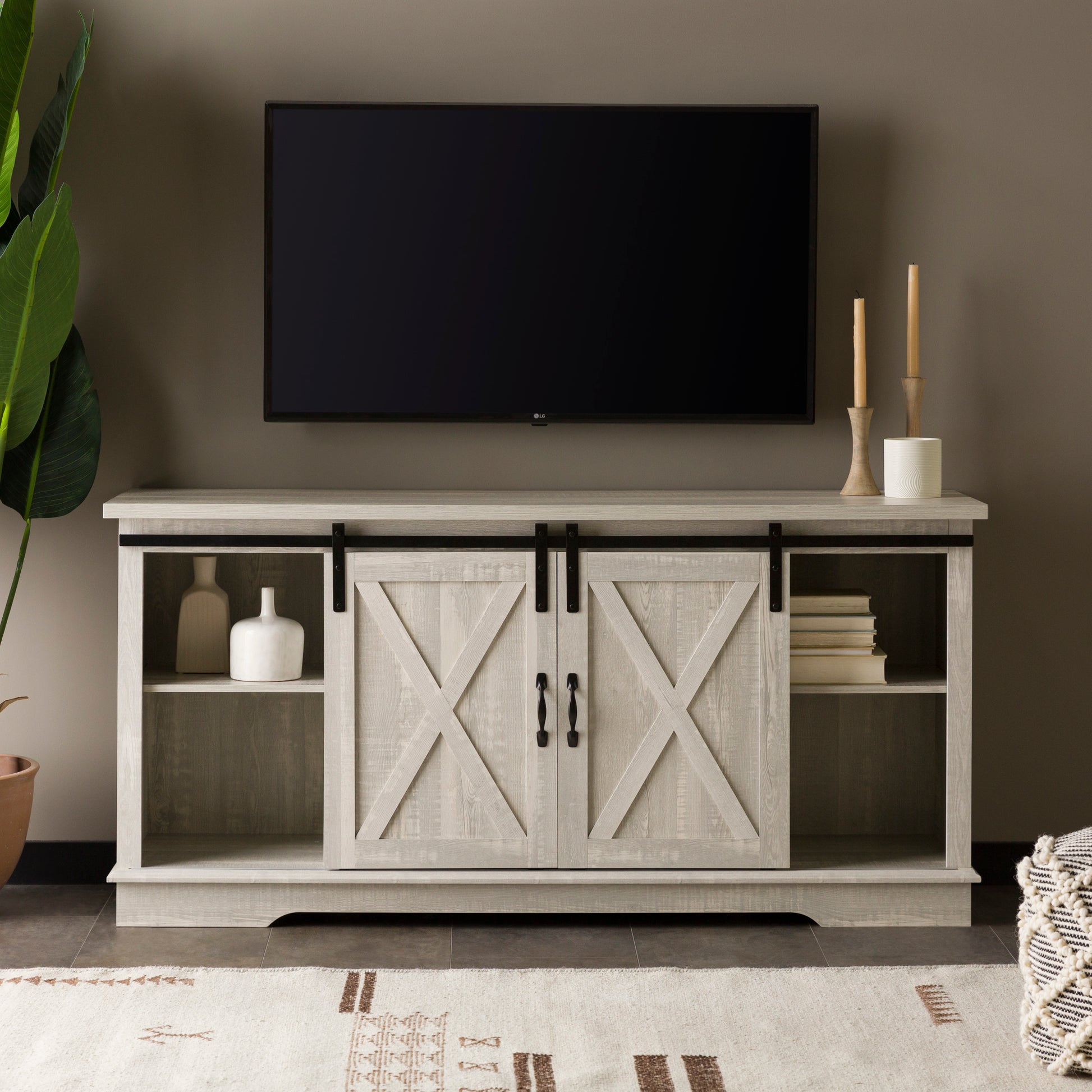 Farmhouse Sliding X Barn Door 58" Tv Stand For 65" Tvs Stone Grey Stone Gray Mdf