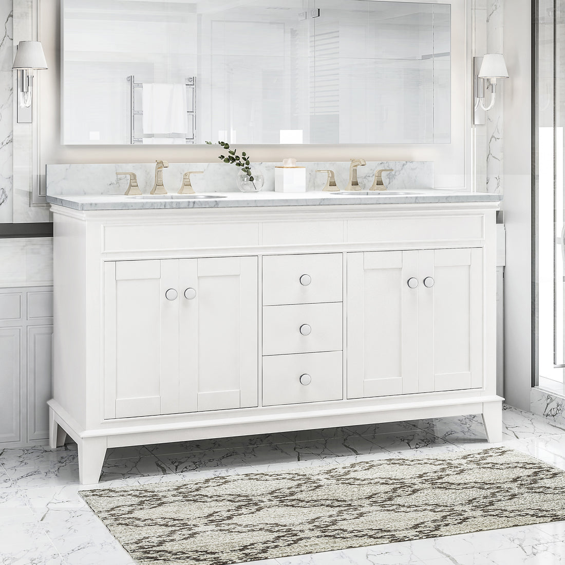 61'' Bathroom Vanity With Marble Top & Double Ceramic Sinks, 3 Drawers, 4 Doors, White White Plywood