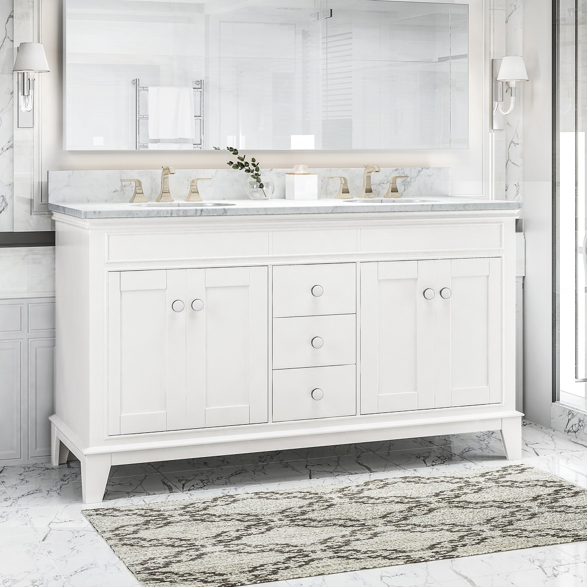 61'' Bathroom Vanity With Marble Top & Double Ceramic Sinks, 3 Drawers, 4 Doors, White White Plywood