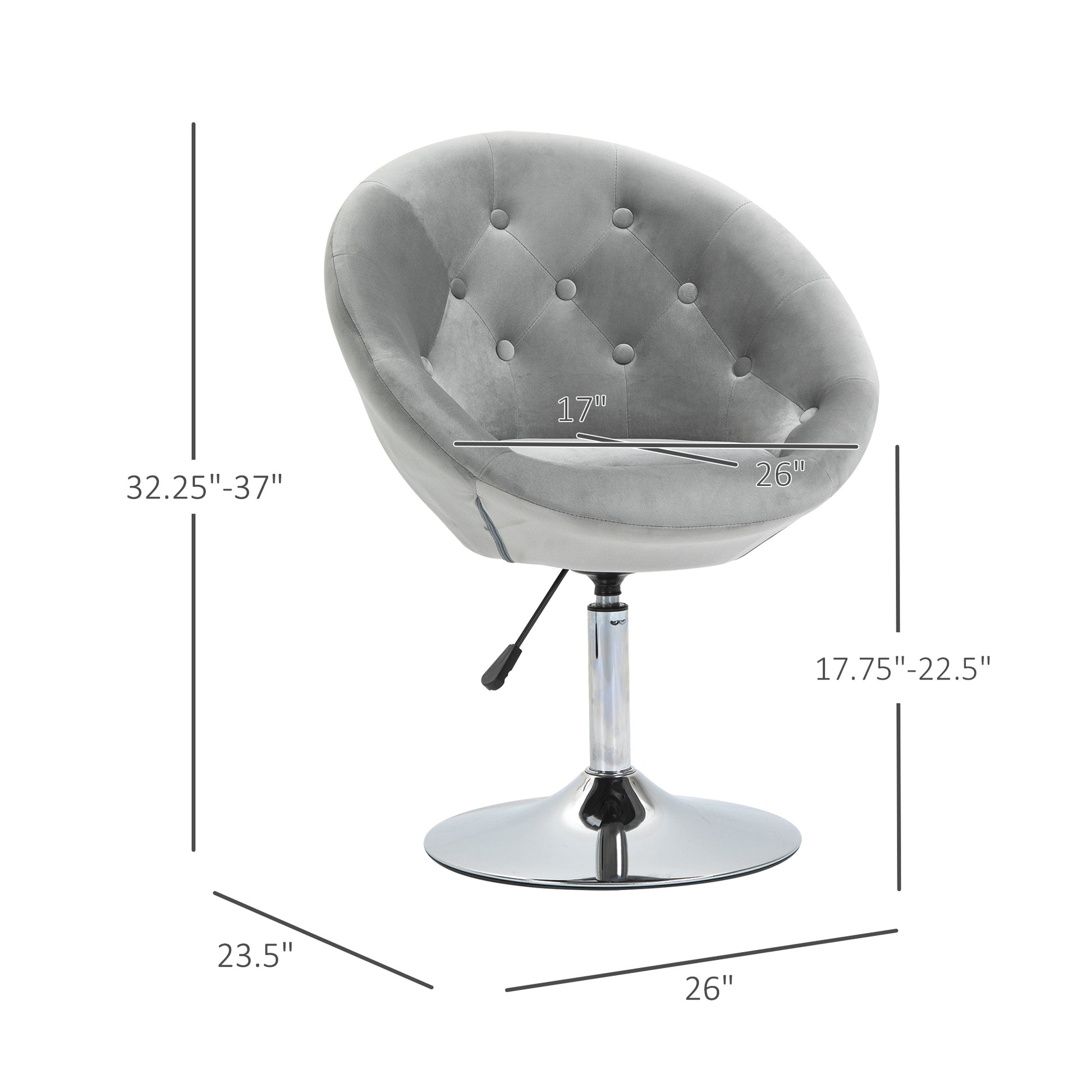 Homcom Modern Makeup Vanity Chair Round Tufted Swivel Accent Chair With Chrome Frame Height Adjustable For Living Room, Bedroom Gray Gray Polyester