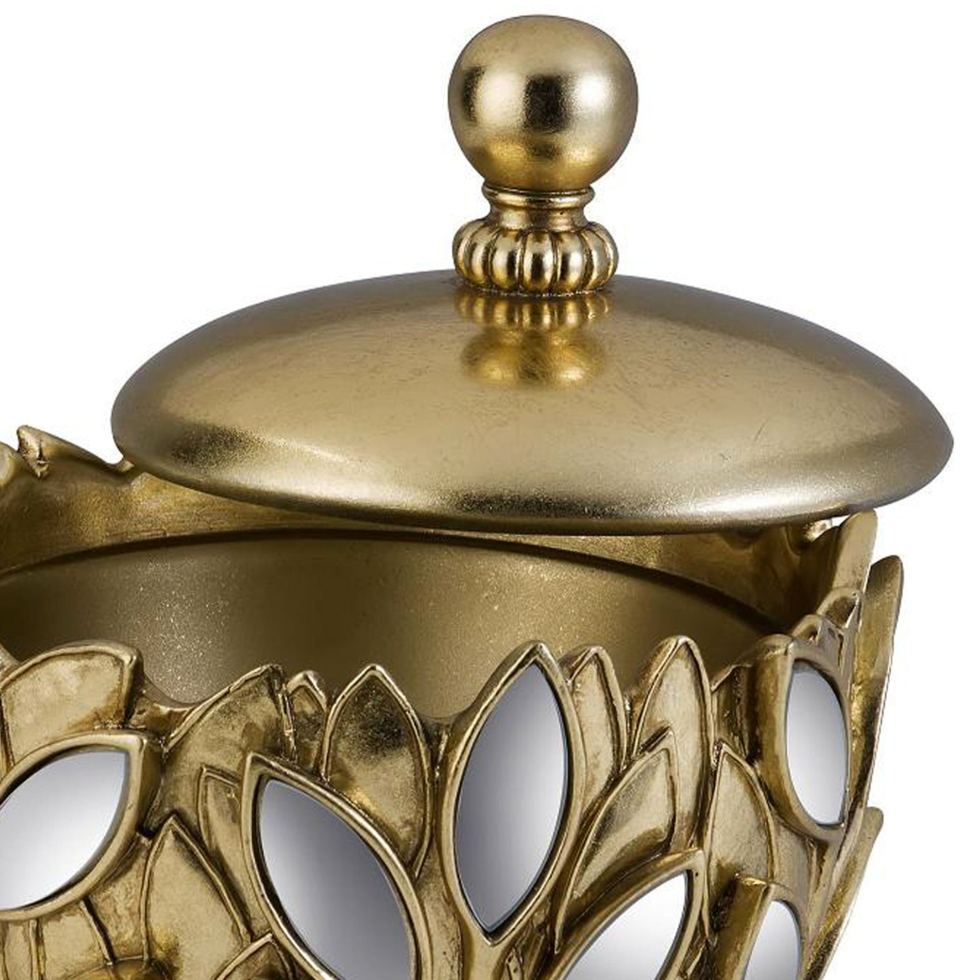 7.75" Tall Decorative Jewelry Box "Gaia, Gold Finish And Mirror Flower Accent Gold Polyresin