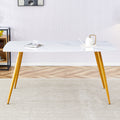 Modern Minimalist Dining Table. White Imitation Marble Pattern Sintered Stone Desktop With Golden Metal Legs.62