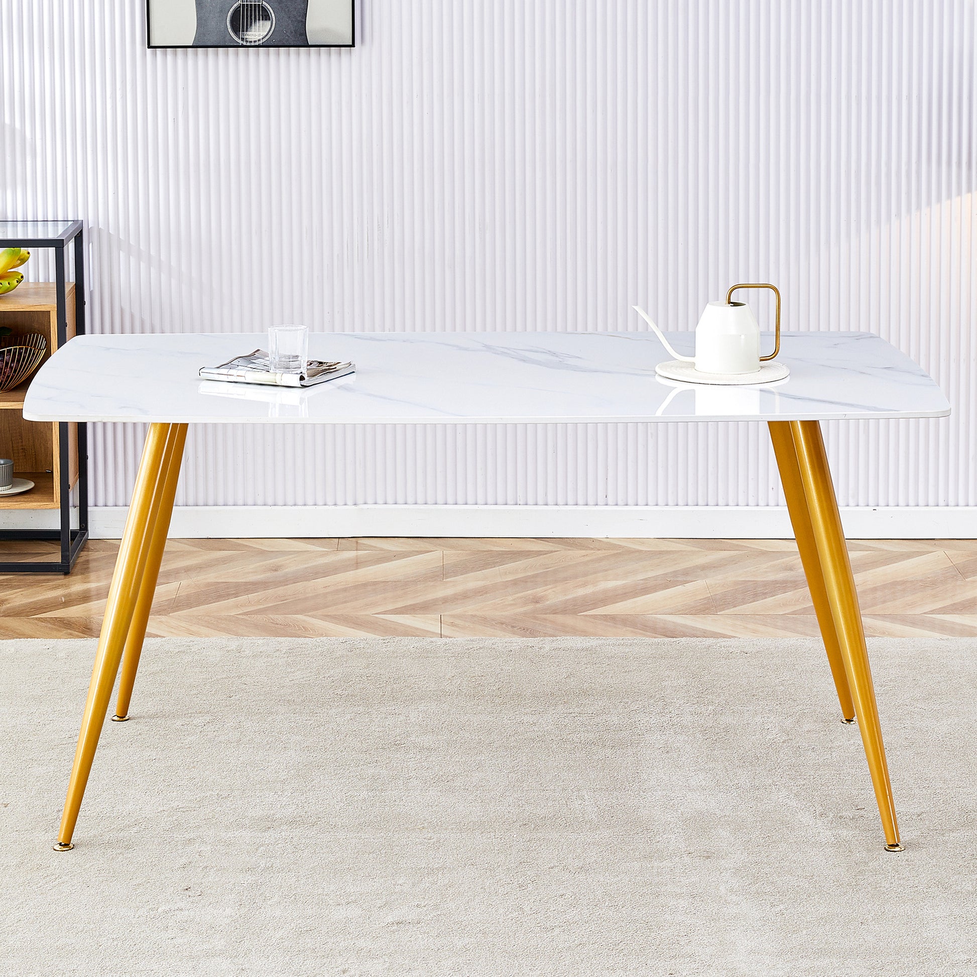 Modern Minimalist Dining Table. White Imitation Marble Pattern Sintered Stone Desktop With Golden Metal Legs.62"*34.6"*29.9" F 001 Gold Sintered Stone