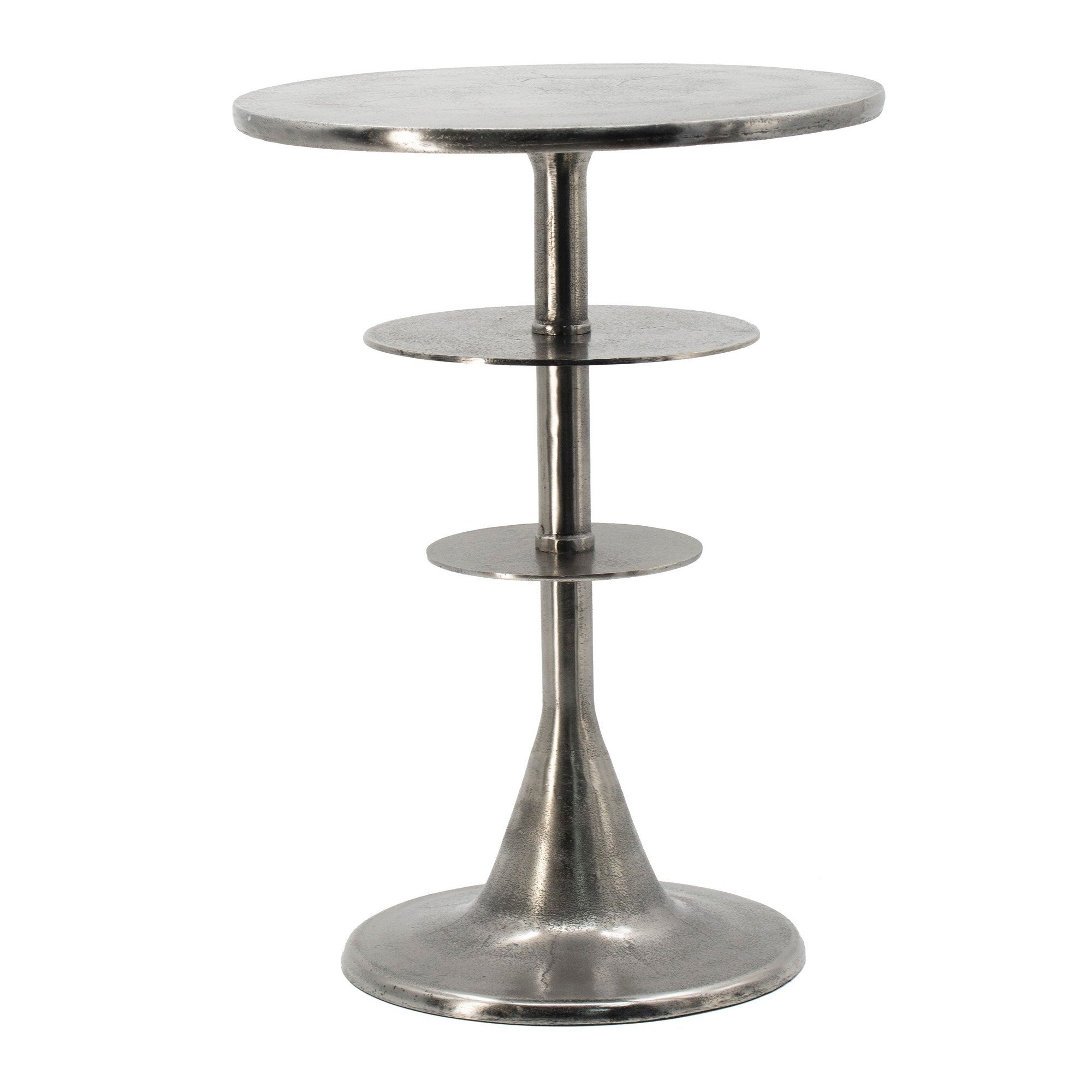 Aja 22 Inch Aluminum Accent Table, Rounded Top, Teardrop Base, Silver Silver Aluminum