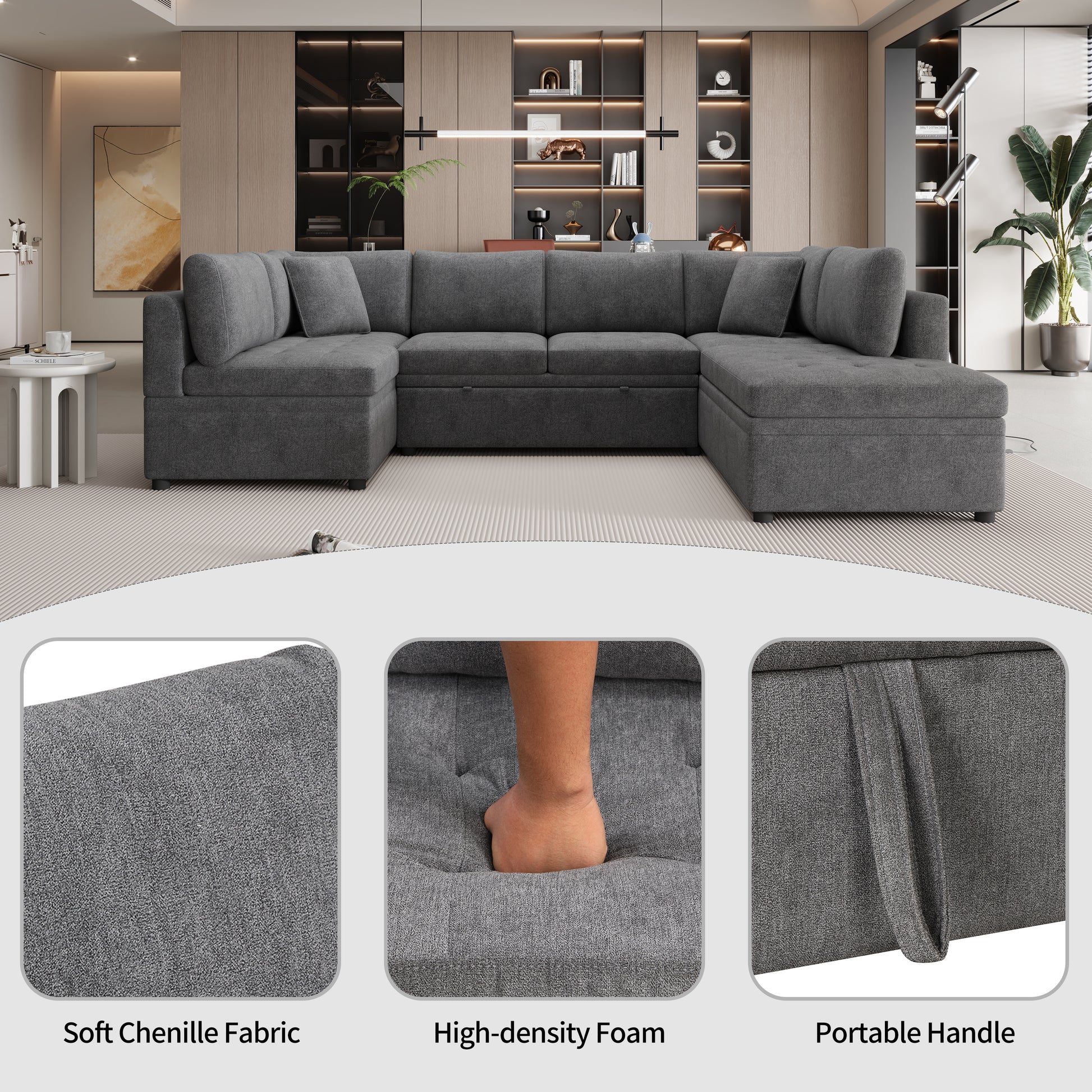 117.3" Oversized Sectional Sofa U Shaped Sofa Couch Pull Out Sofa Bed With Two Throw Pillows For Living Room, Gray Gray Foam Chenille 4 Seat