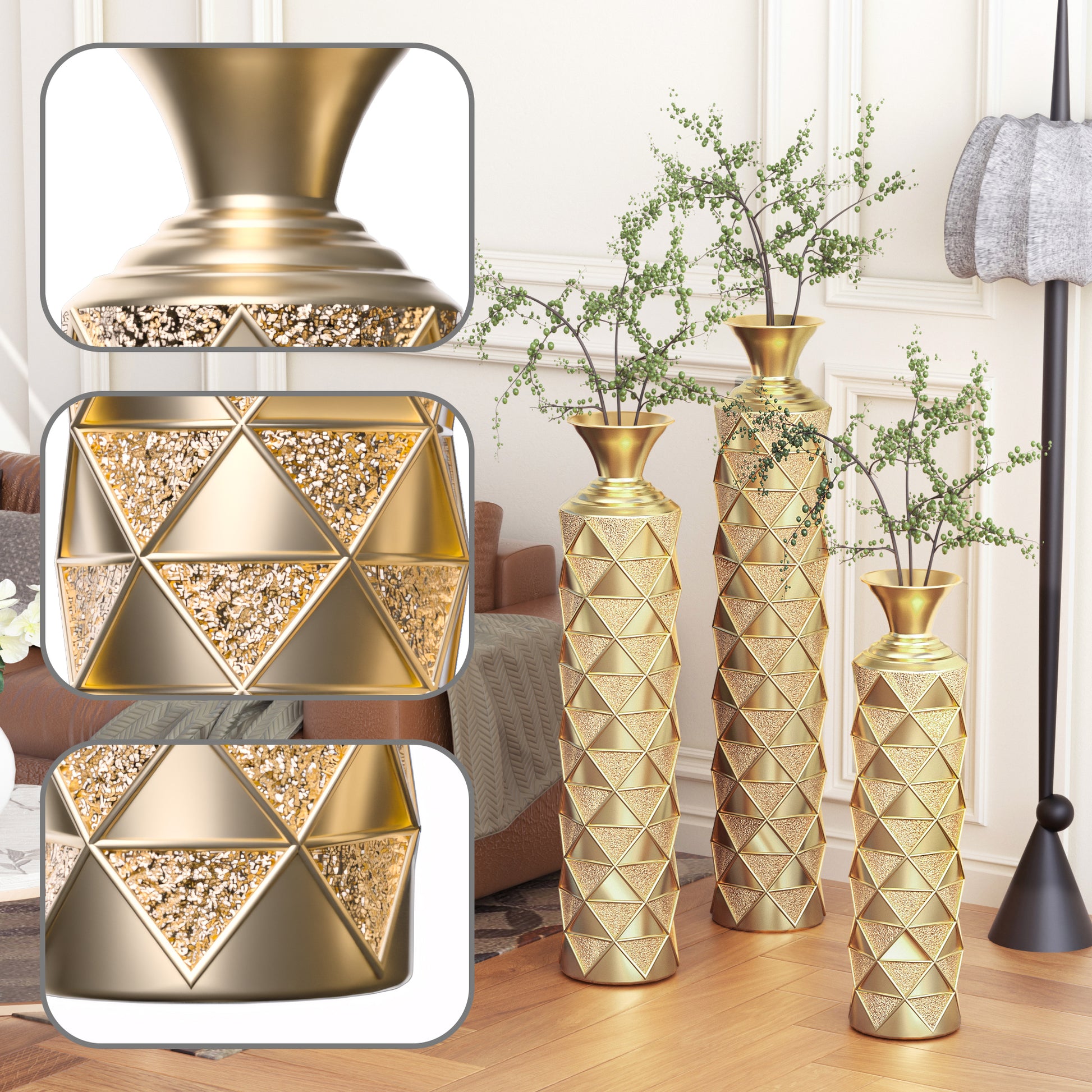 Metal Decorative Vase High Distress Metal Center Vase With 3D Triangle Pattern, Set Of 3 Vases For Home Decoration 33.5 ", 29.5 ", 25.2 "High, Gold Antique Gold American Design,American Traditional,Antique,Art Deco Metal