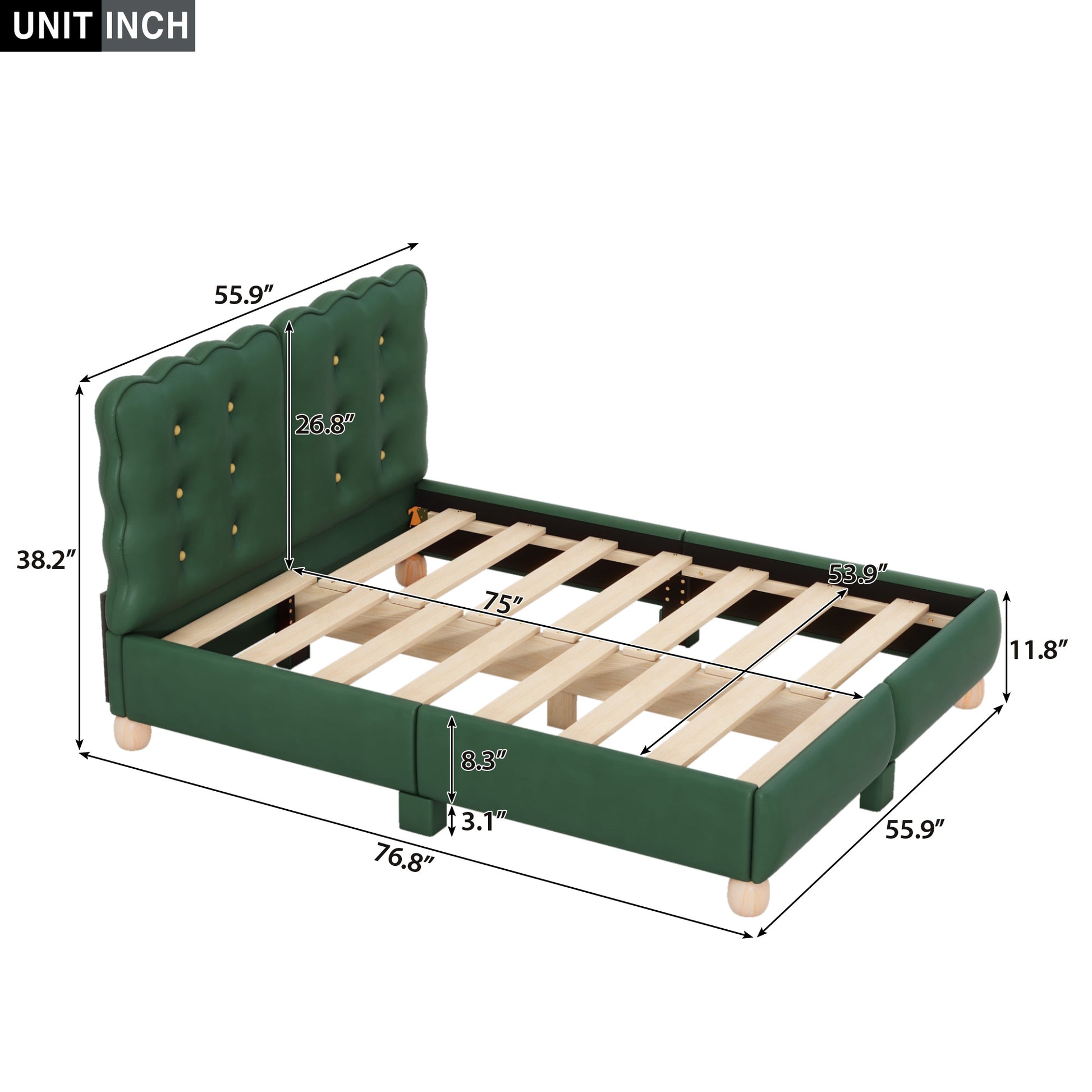 Full Size Upholstered Platform Bed With Support Legs,Green Green Upholstered