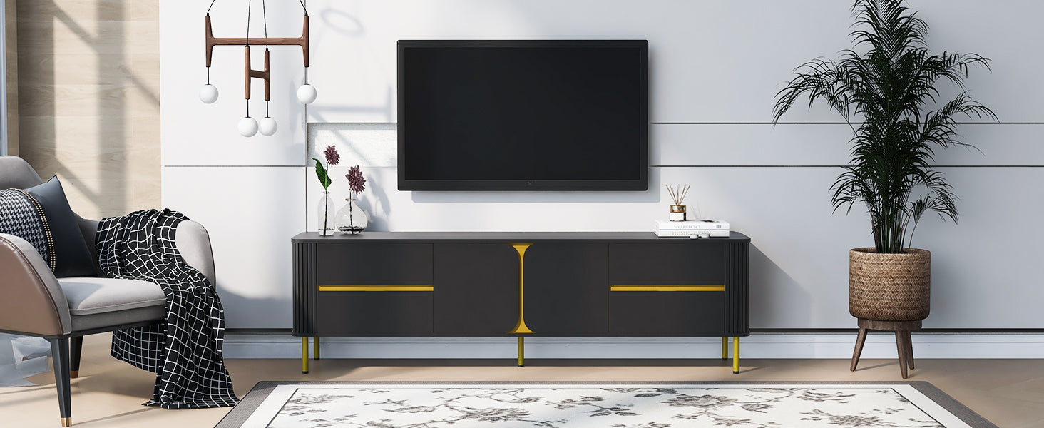 Tv Stand For Tvs Up To 80 Inches, Modern Entertainment Center Media Console With 4 Drawers And 1 Spacious Cabinet For Living Room, Black Black 70 79 Inches Mdf