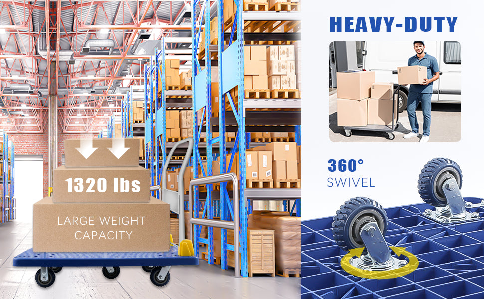 Platform Truck With 1320Lb Weight Capacity And 360 Degree Swivel Wheels, Foldable Push Hand Cart For Loading And Storage, Blue Blue Steel