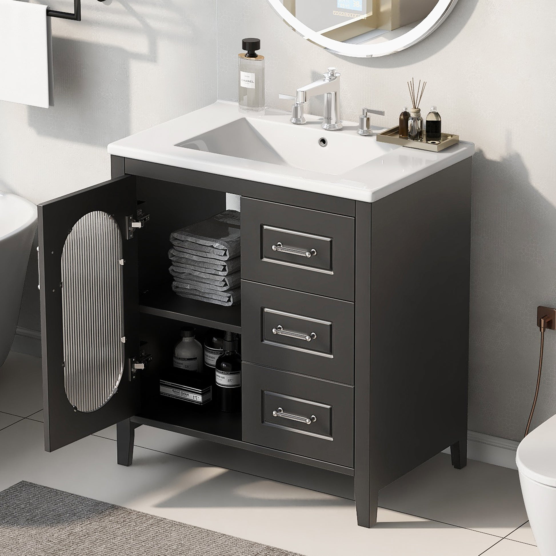 30" Bathroom Vanity With Sink, Bathroom Vanity Cabinet With Two Drawers And Door, Adjustable Shelf, Solid Wood And Mdf, Black Black Solid Wood Mdf