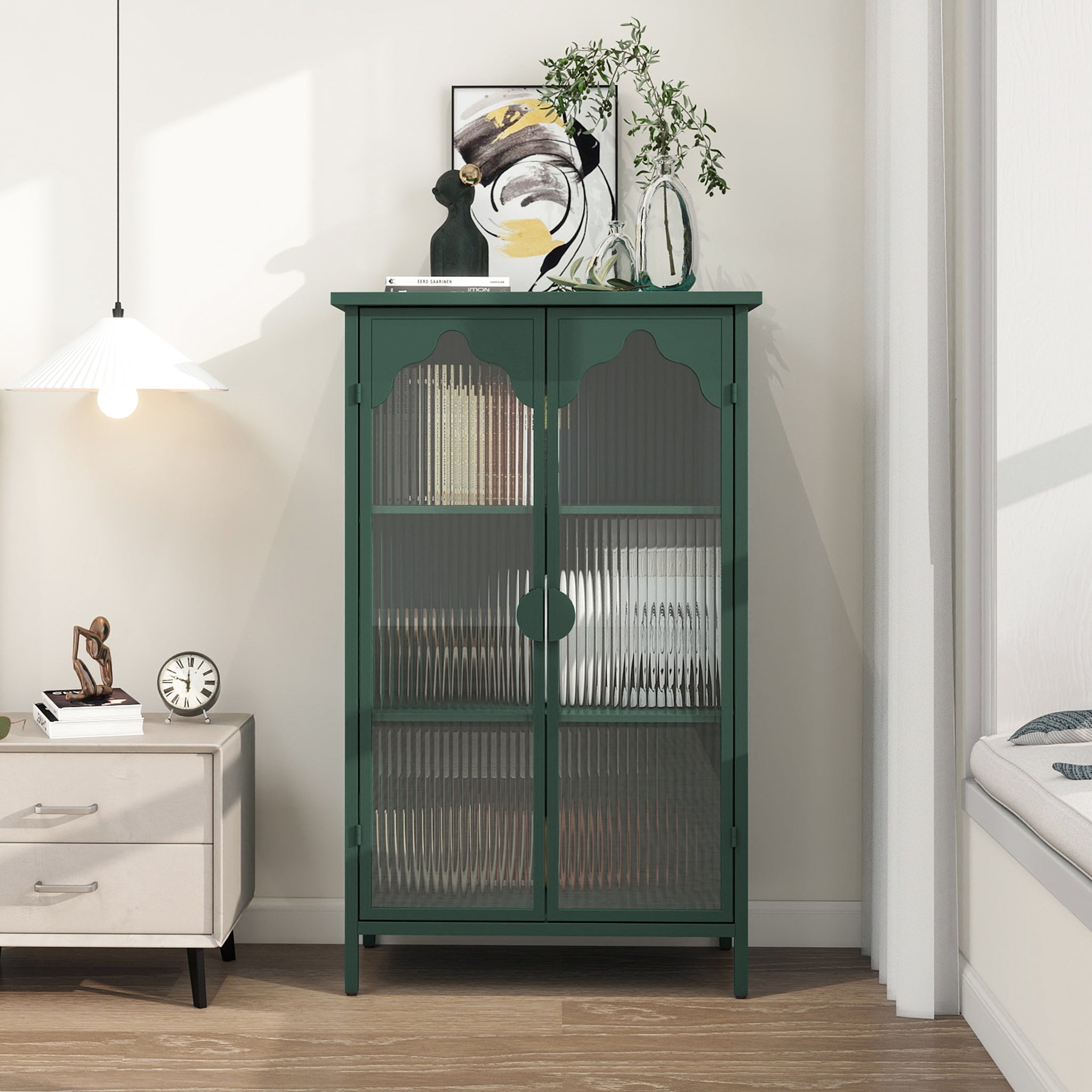 2 Doors Metal Storage Cabinet,Display Cabinet With Glass Doors,Metal Kitchen Sideboard Buffet Cabinet,Glass Storage Cabinet For Dining Room,Living Room,Bedroom Dark Green Modern Iron