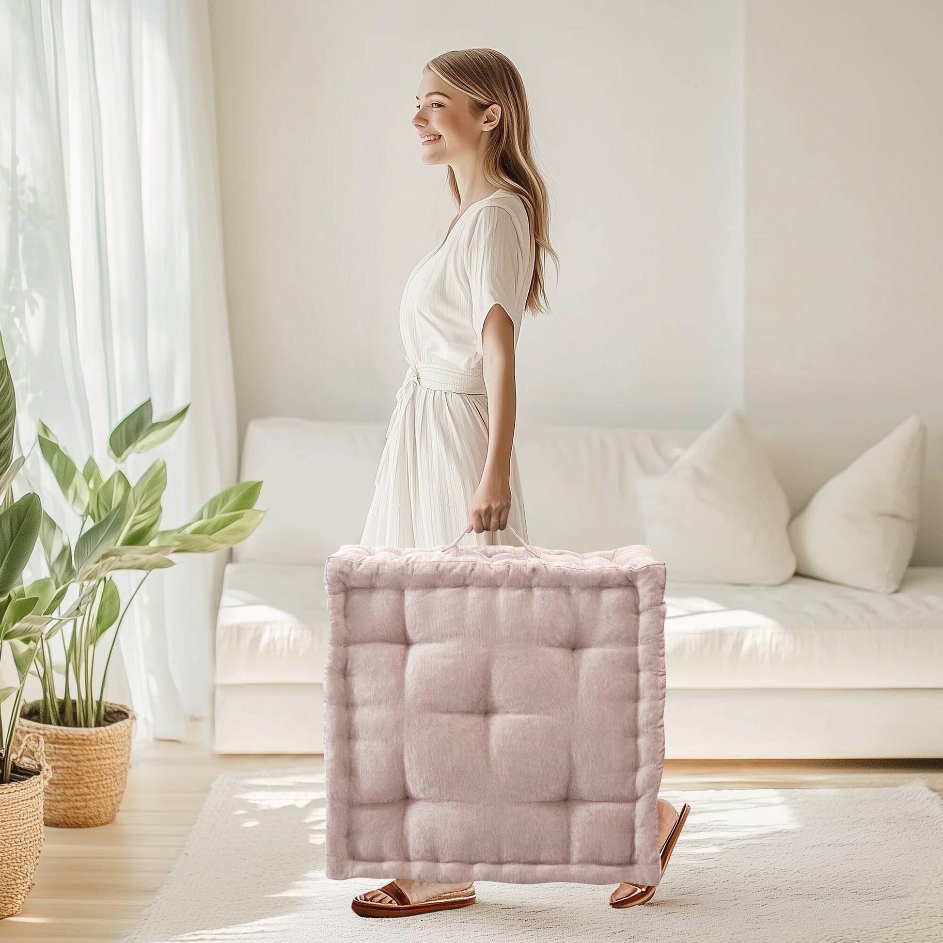 Poly Chenille Square Floor Pillow Cushion 24X24" Blush Polyester