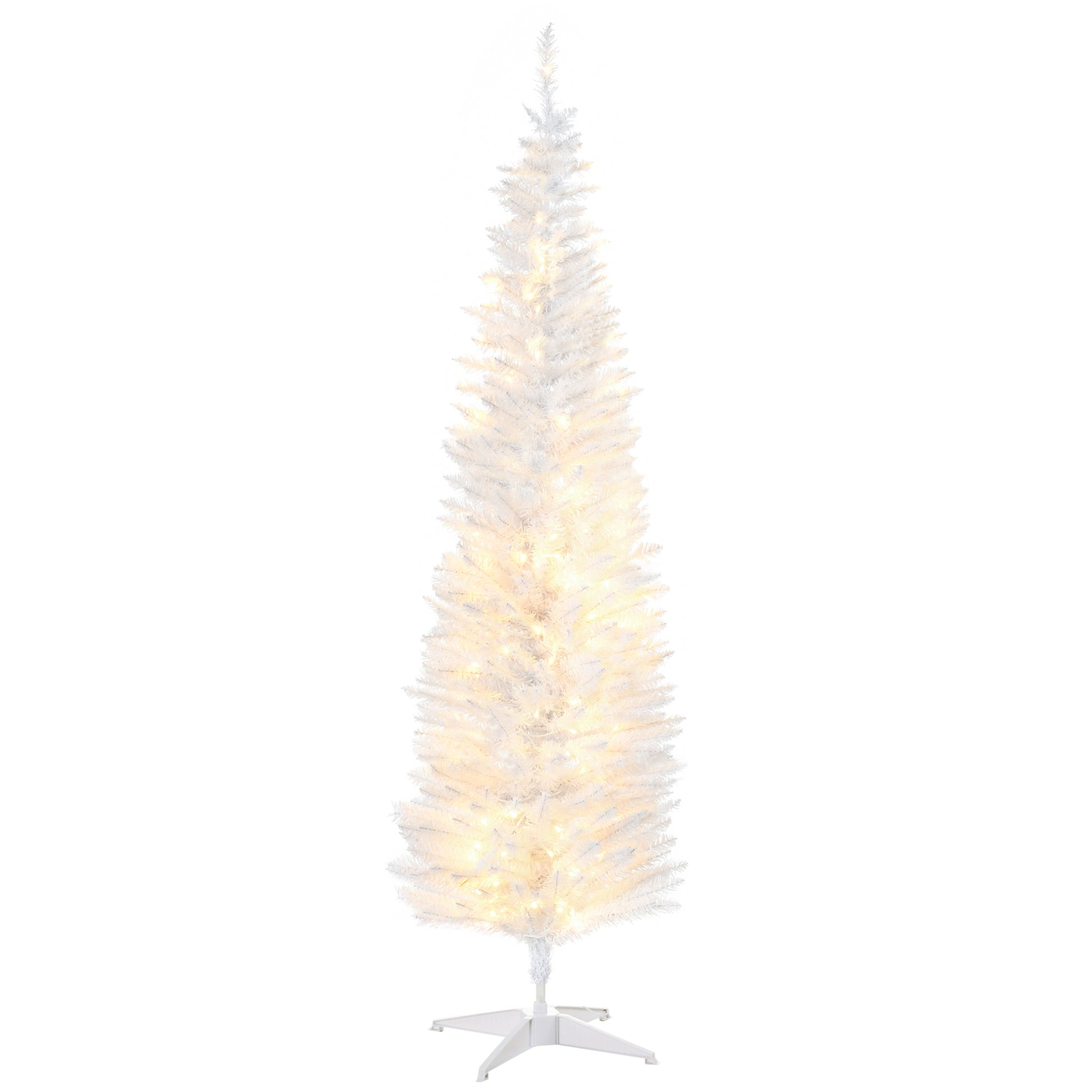 Homcom 6' Tall Pre Lit Slim Noble Fir Artificial Christmas Tree With 200 Warm White Led Lights And 390 Tips, For Christmas Decoration, White White Plastic