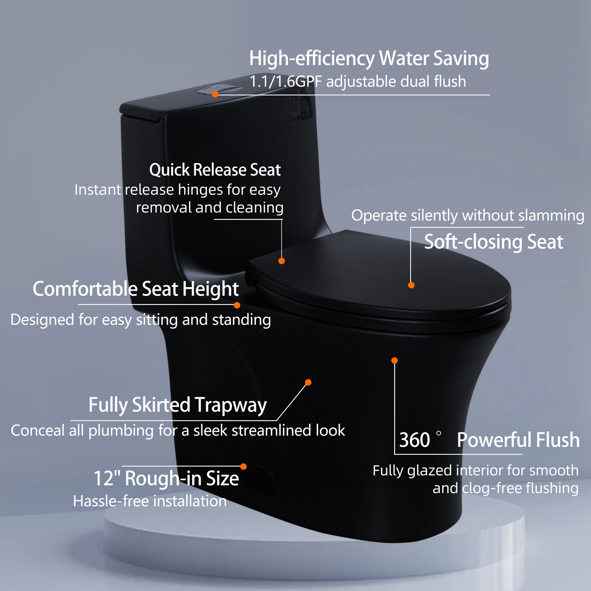 1.1 1.60 Gpf Dual Flush One Piece Toilet, Water Saving Elongated Comfort Height Floor Mounted, Soft Closing Seat, 1000 Gram Map Flushing Score Toilet, Matte Black 23T02 Mb Matte Black Ceramic