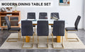 Table And Chair Set.Large Modern Rectangular Table With 0.4 Inch Patterned Glass Tabletop And Large Mdf Table Legs.Comes With 8 Chairs With Faux Leather Cushioned Seats And Golden Metal Legs. Gold White Seats 8 Mdf Glass
