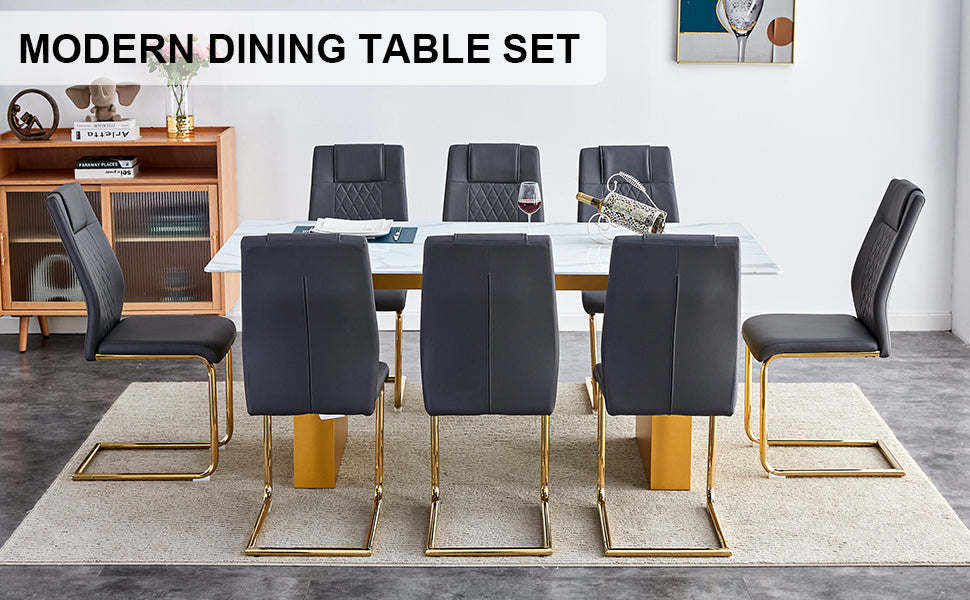 Table And Chair Set.Large Modern Rectangular Table With 0.4 Inch Patterned Glass Tabletop And Large Mdf Table Legs.Comes With 8 Chairs With Faux Leather Cushioned Seats And Golden Metal Legs. Gold White Seats 8 Mdf Glass