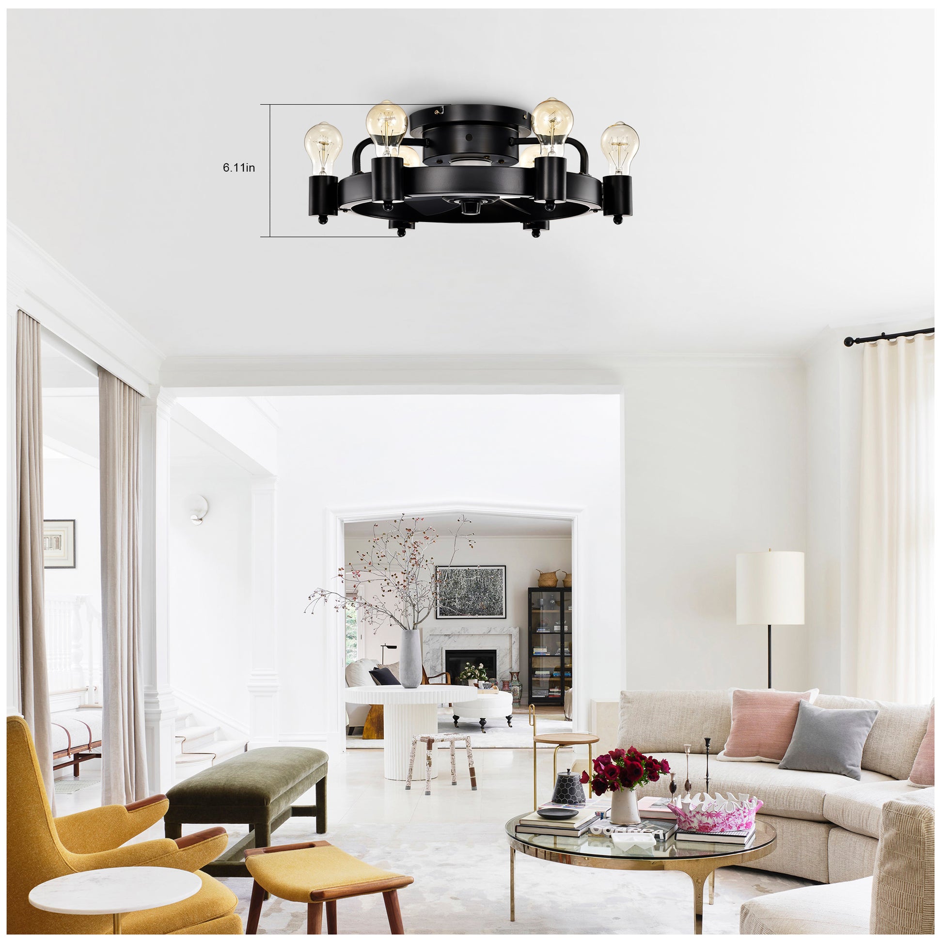 19.5'' Industrial Ceiling Fan With Remote Control ,5 Abs Blades Small Size Ceiling Fan For Living Room, Dining Room, Bedroom, Family Room, Rustic Bronze ,6 Pcs*E26 No Include Bulb Matte Black