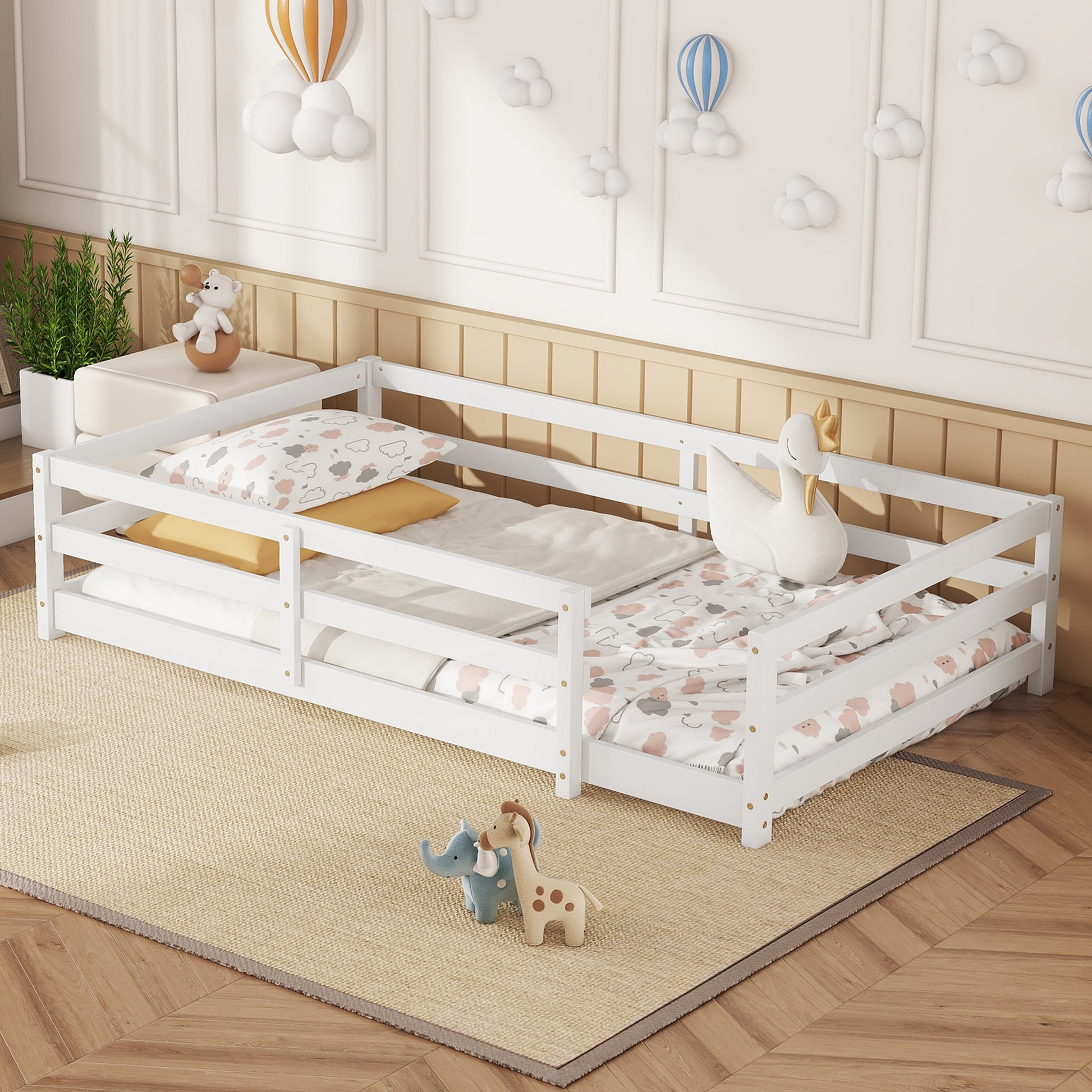Twin Size Floor Bed, Montessori Floor Bed With Fence, Kids Montessori Bed Twin Size, Wood Montessori Floor Bed For Kids, Girls, Boys White White Wood Metal