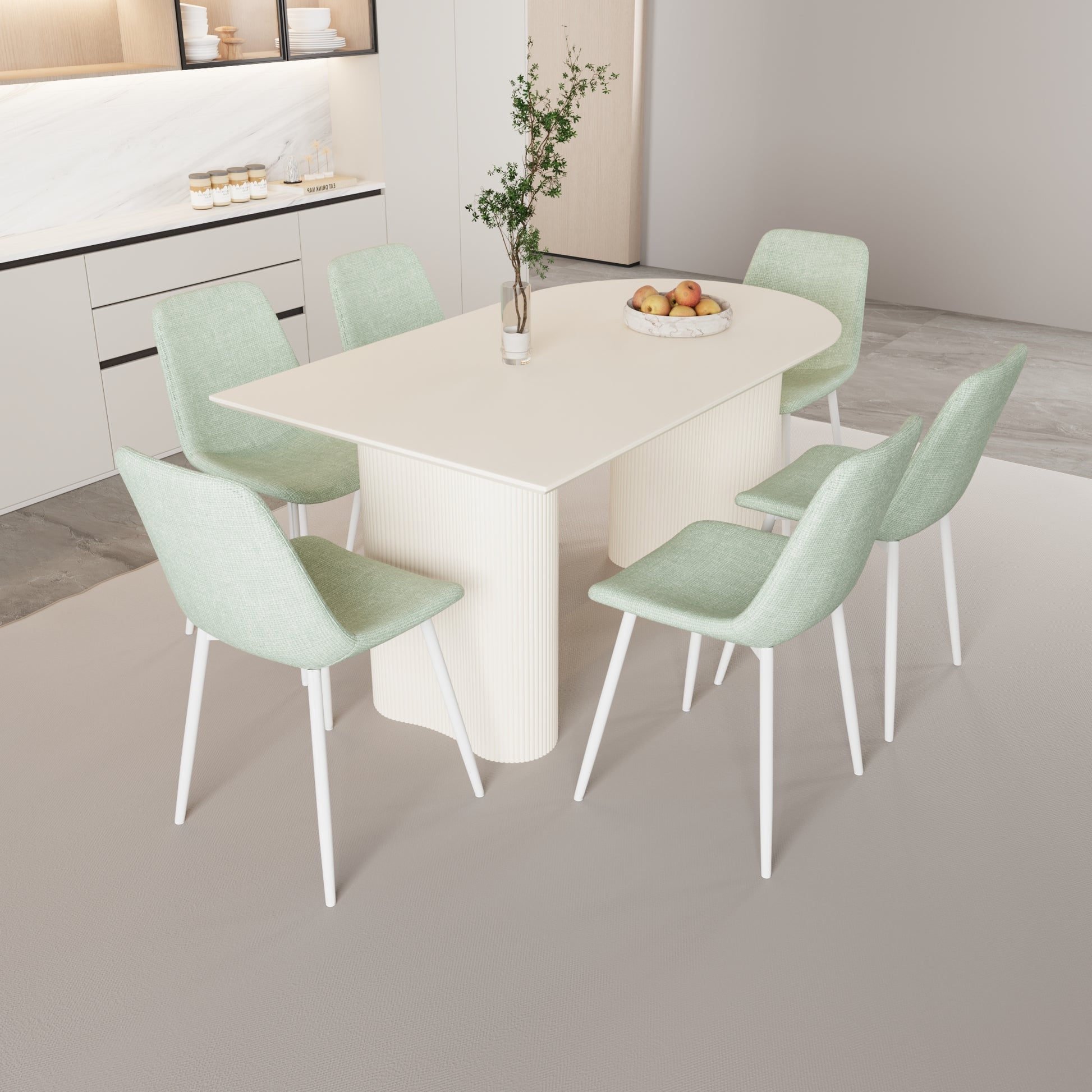 63 "Mdf Cream Style Coffee Table And Modern Dining Chair 8 Piece Set, Modern And Stylish Kitchen Dining Table Set, Round Wave Table Legs, Dining Table And Linen Chairs Buy 6 Chairs And Get 2 Free