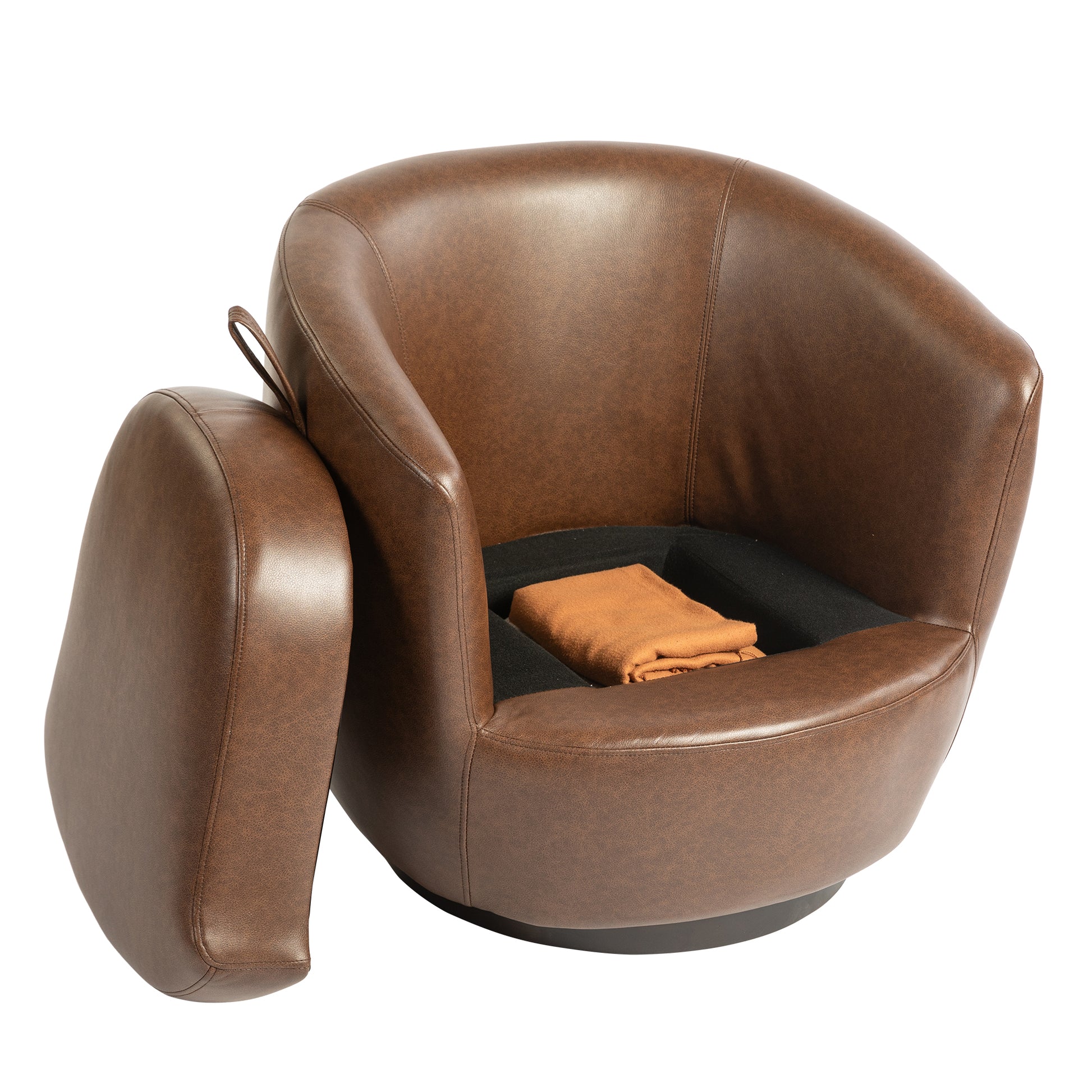 Upholstered Swivel Barrel Armchair With Storage Modern Living Room Side Chair For Bedroom Office Reading Spaces Pu Dark Brown Dark Brown Foam Upholstered