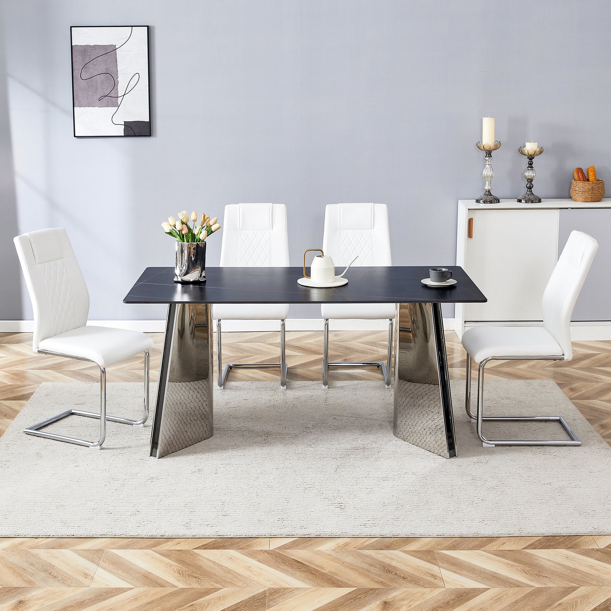 Table And Chair Set.63"X31.5X30" Black Marble Patterned Slabs Tabletop With Stainless Steel Butterfly Legs.Paried With 4 White High Quality Pu Chairs With Silver Metal Legs. White Black Seats 4