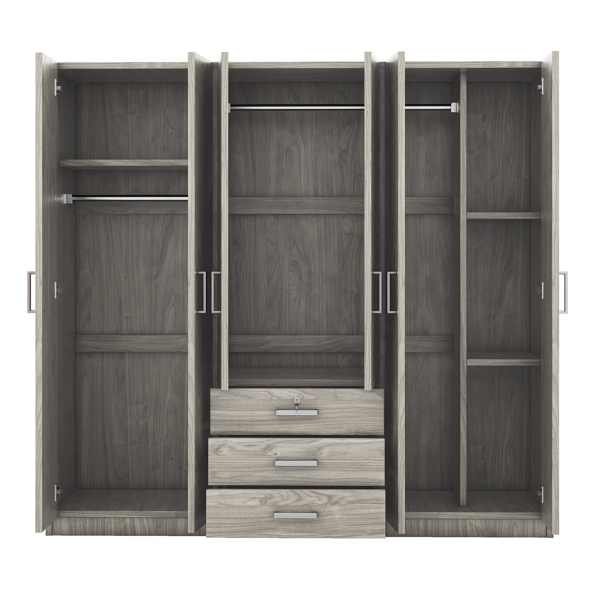 6 Doors Wooden Wardrobe Storage For Bedroom, With Big Drawers, Gray Gray Plywood