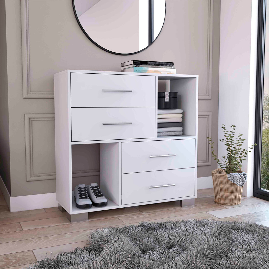 Sunflower Dresser, Four Drawers, Two Open Shelves White Mdf Engineered Wood