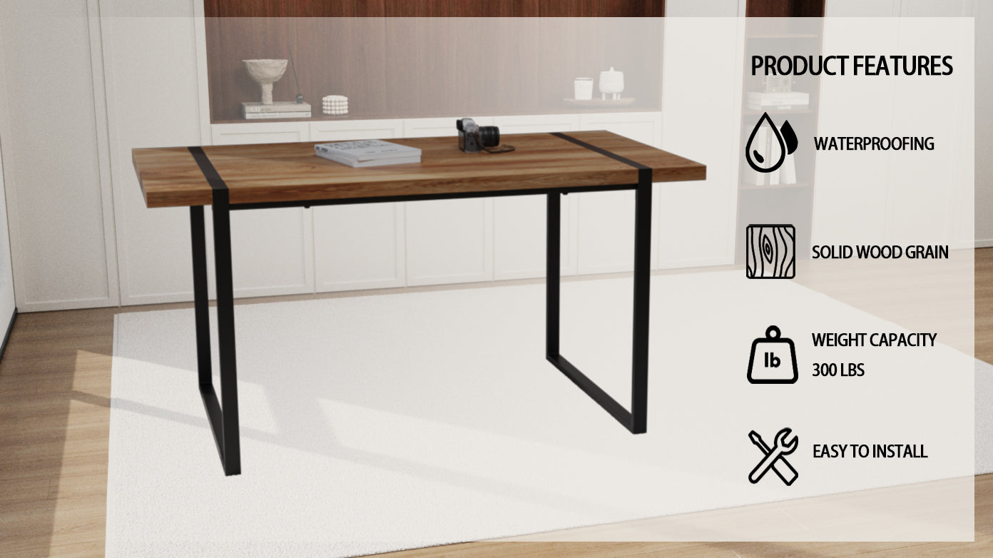 59 "Rural Industrial Rectangular Mdf Natural Wood Dining Table, 4 6 People, 1.5" Thick Engineering Wood Tabletop And Black Rectangular Metal Legs, Used For Writing Desks, Kitchens, Terraces Wood Mdf