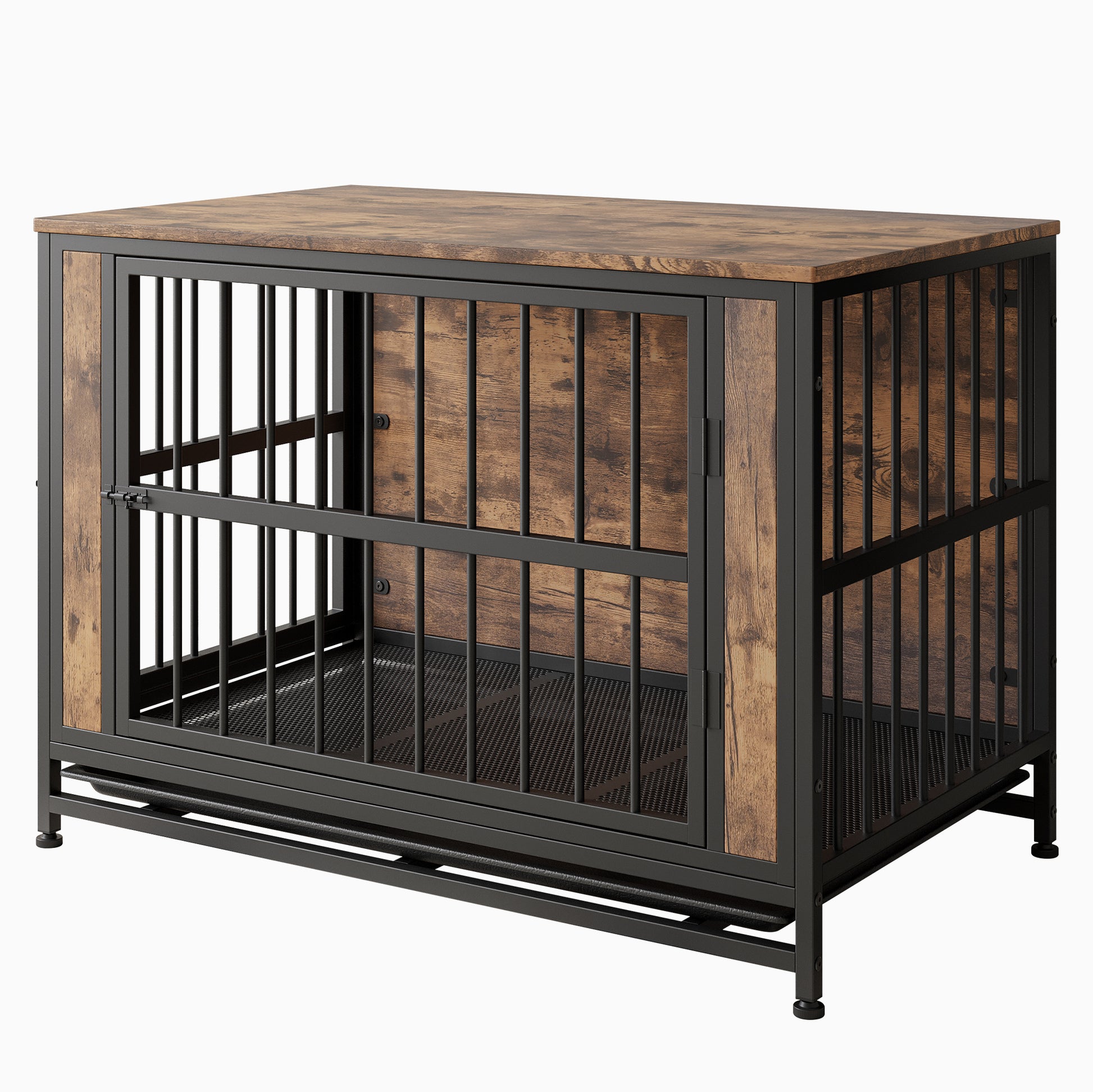 Dog Crate Furniture, Wooden Dog Crate Table, 38.9" Dog Kennel With 2 Sliding Doors And Thick Iron Door Frame, Decorative Pet Crate House For Large Medium Small Dog Indoor Use Rustic Brown Black Brown Large 41 70 Lbs Mdf Metal