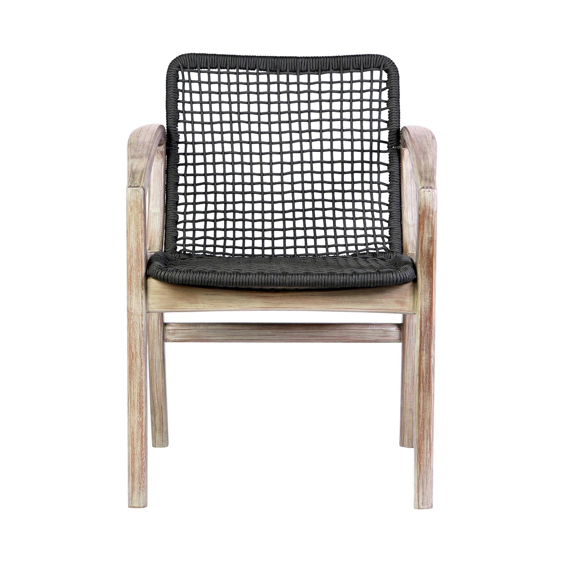 Tye 25 Inch Patio Dining Chair, Light Eucalyptus Wood, Dark Gray Rope Seat Gray Wood
