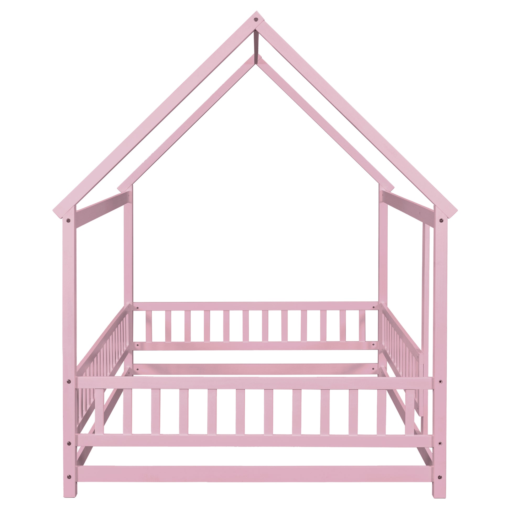 Full Size Floor Wooden Bed With House Roof Frame, Fence Guardrails ,Pink Full Pink Pine